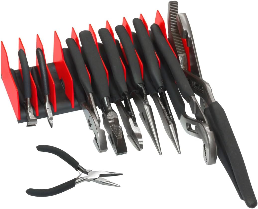 Red-and-black Ernst rack holding several pliers, with a small pair lying separately in front and larger tools extending beyond the rack.