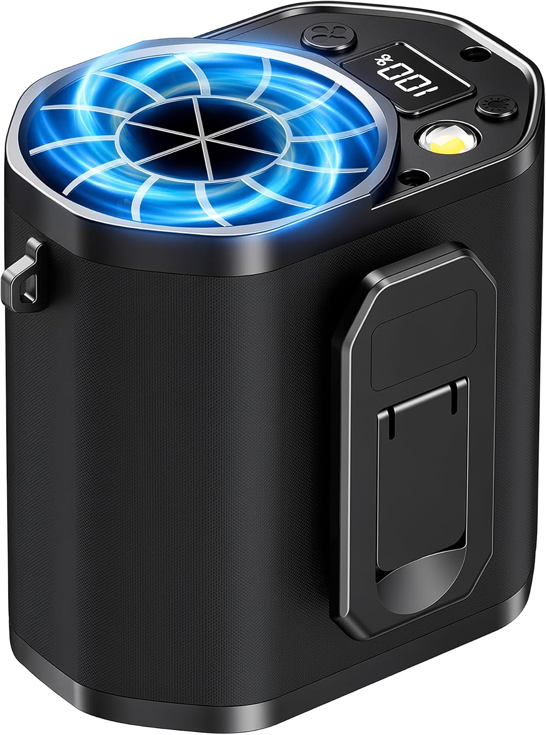 Deep-black ATOPICK YLD-F21 rechargeable personal fan with top display, light and side clip