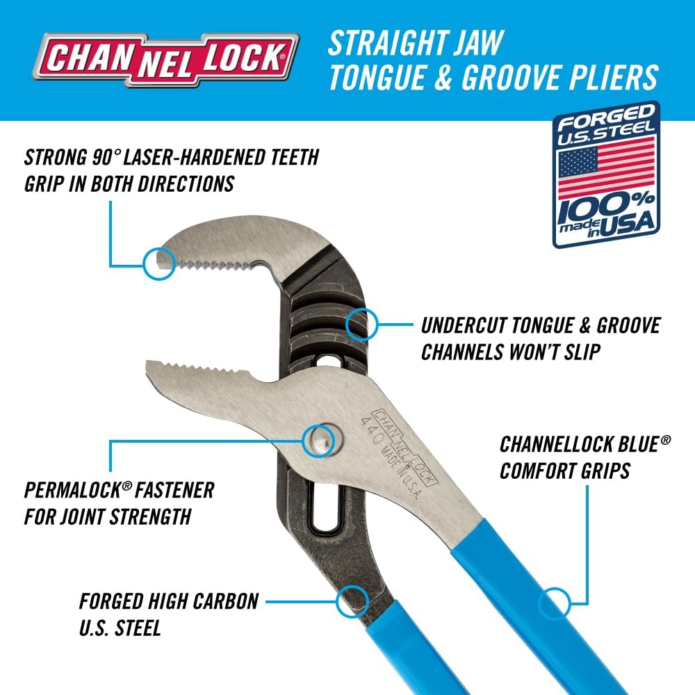 CHANNELLOCK 440 straight-jaw pliers feature diagram showing teeth, channels, PERMALOCK fastener and blue grips