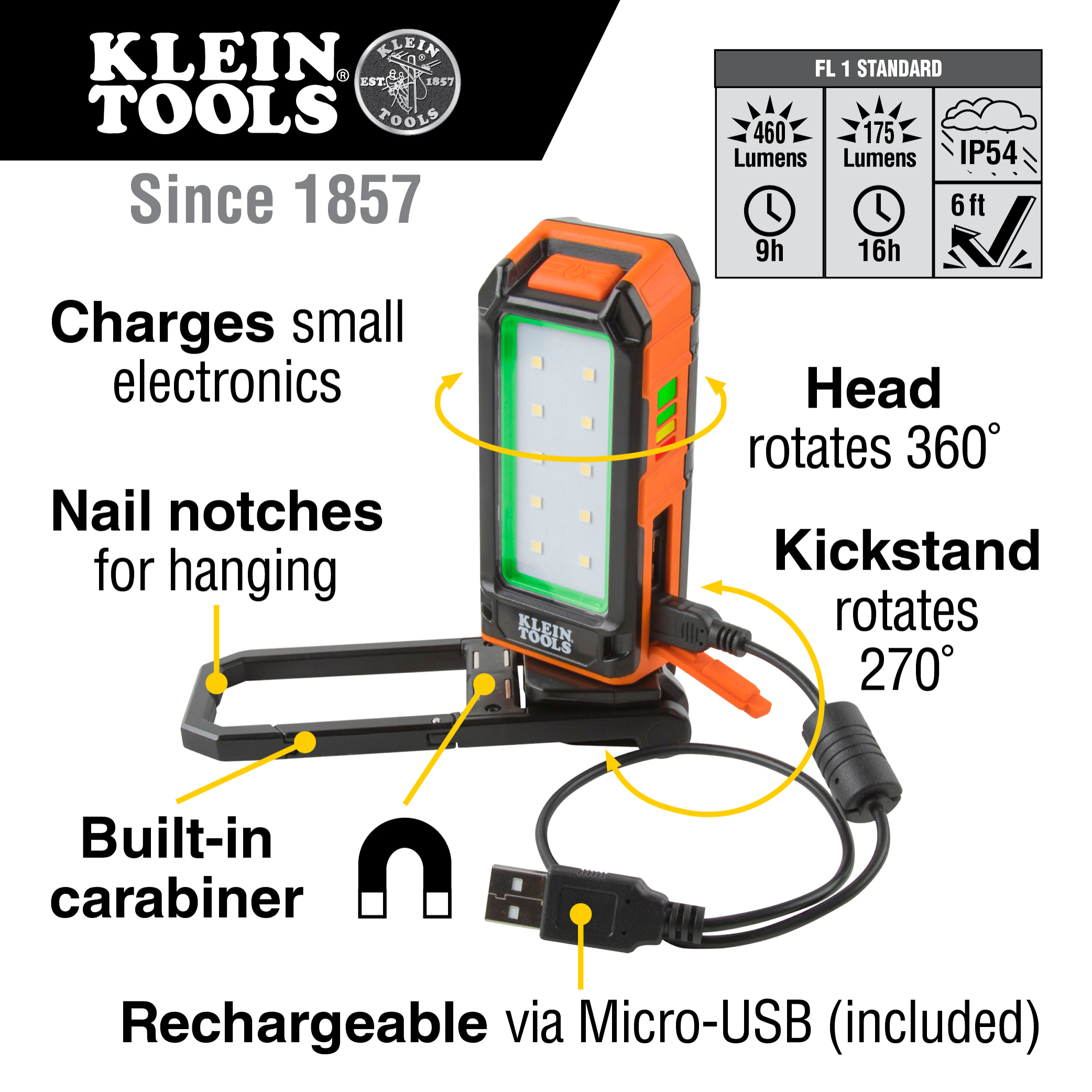Klein Tools 56403 官方功能图，展示旋转灯头、支架、固定方式、两档输出和防护等级