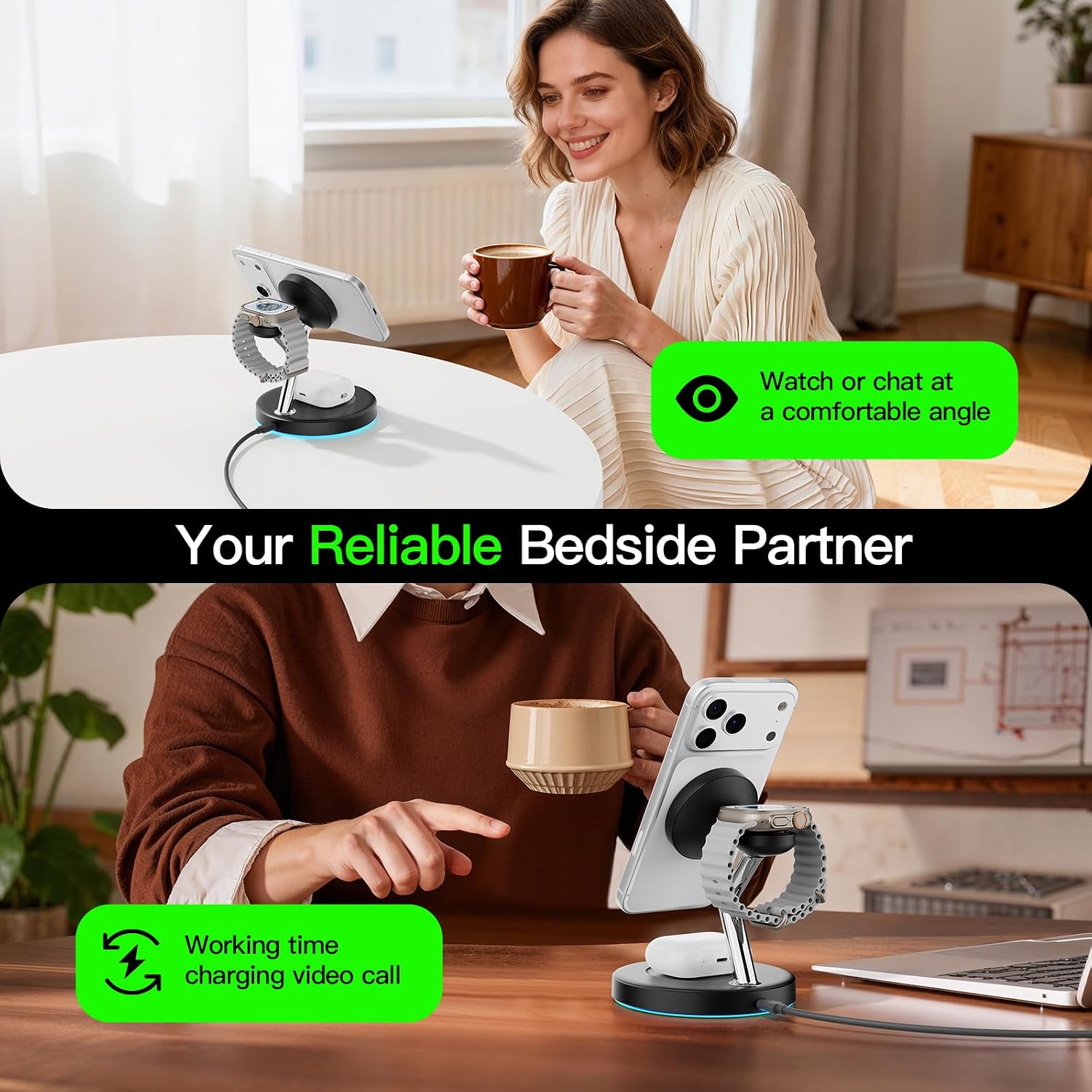 Ouotoo Y888 charging stand shown with a phone in landscape and portrait positions
