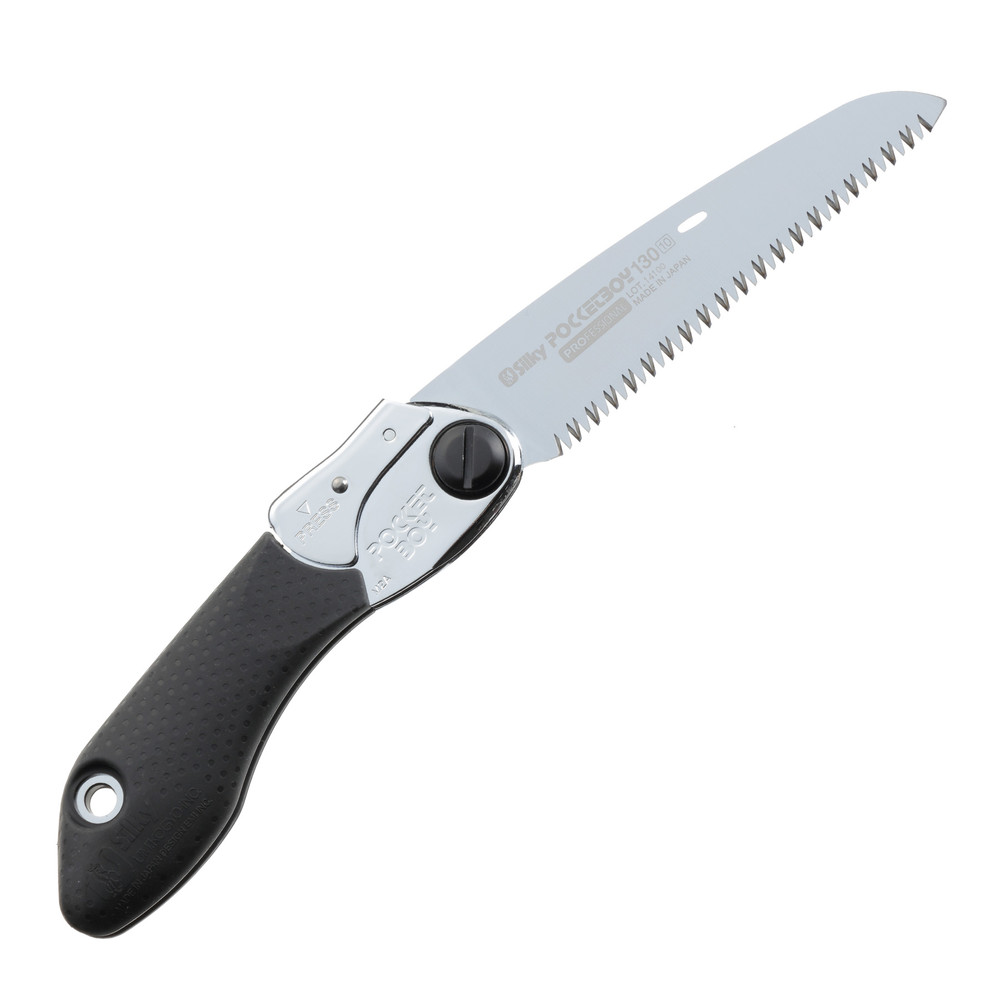 Open Silky PocketBoy 130 medium-tooth folding saw with a straight blade and black handle
