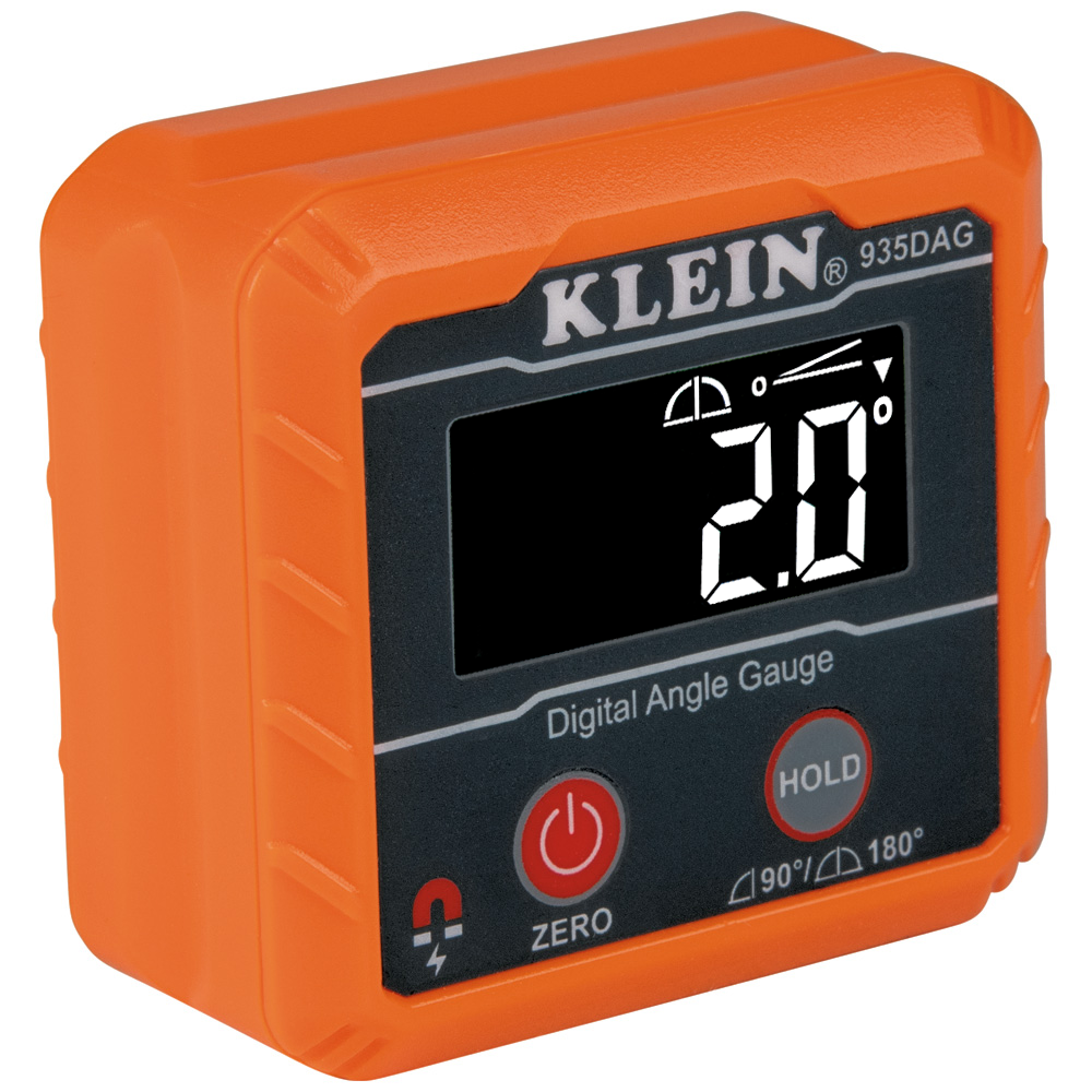 Exact Klein Tools 935DAG digital angle gauge showing its orange side housing and black display face