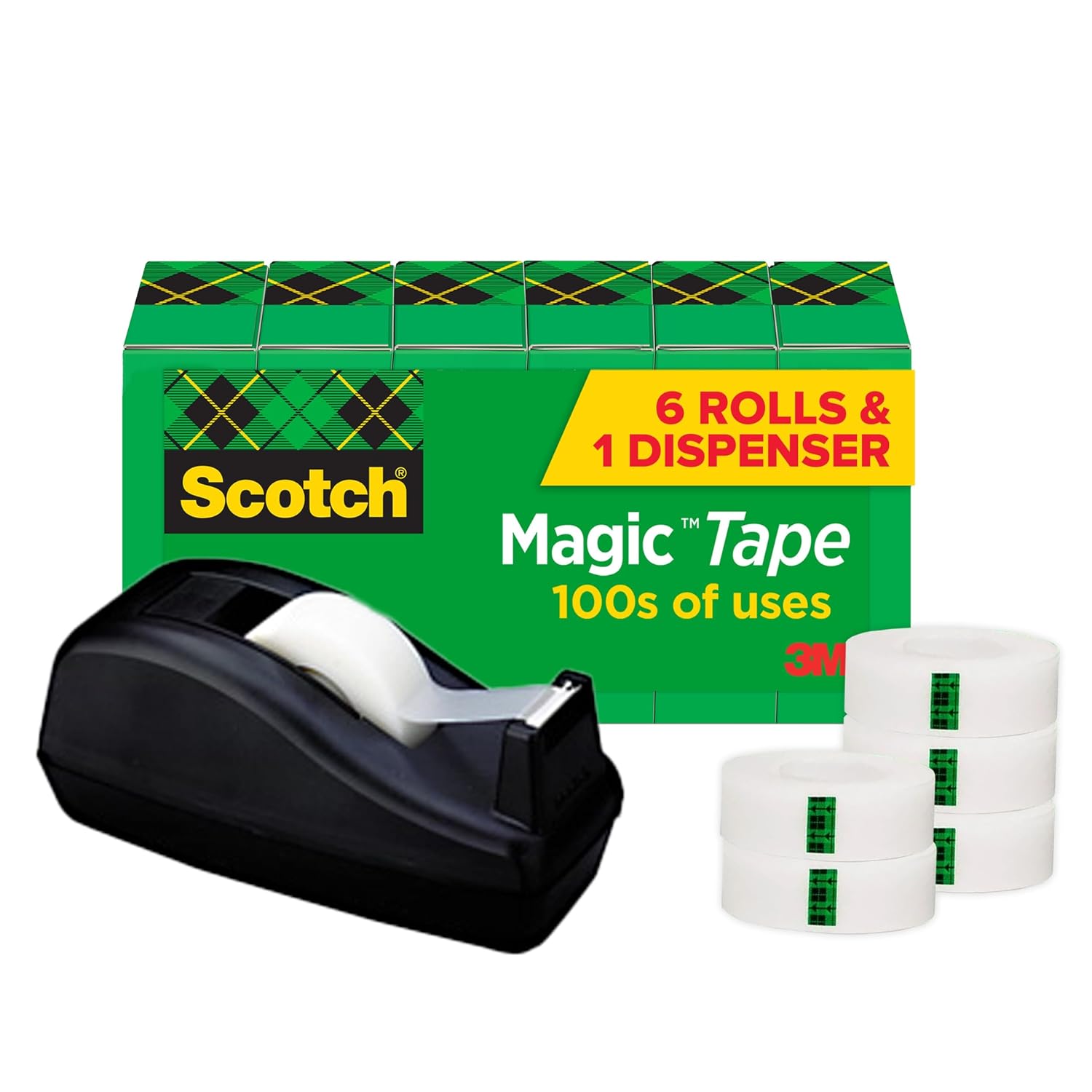 Scotch Magic Tape six-roll pack with the included black desktop dispenser