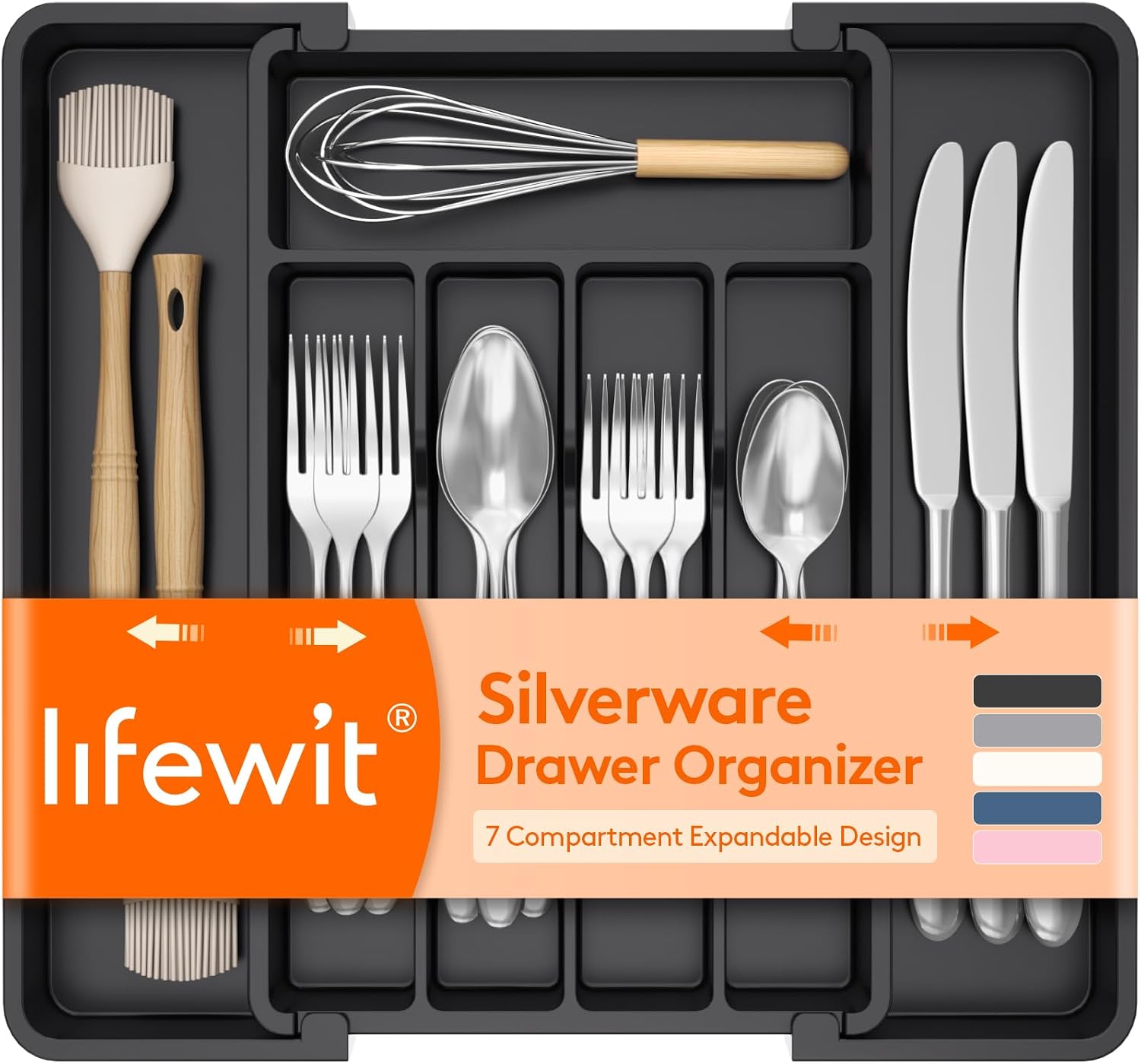 Lifewit Expandable Silverware Drawer Organizer / black / 7 compartments / 8–13.8 x 11.2 x 1.4 inches / B0F8HFLNQG