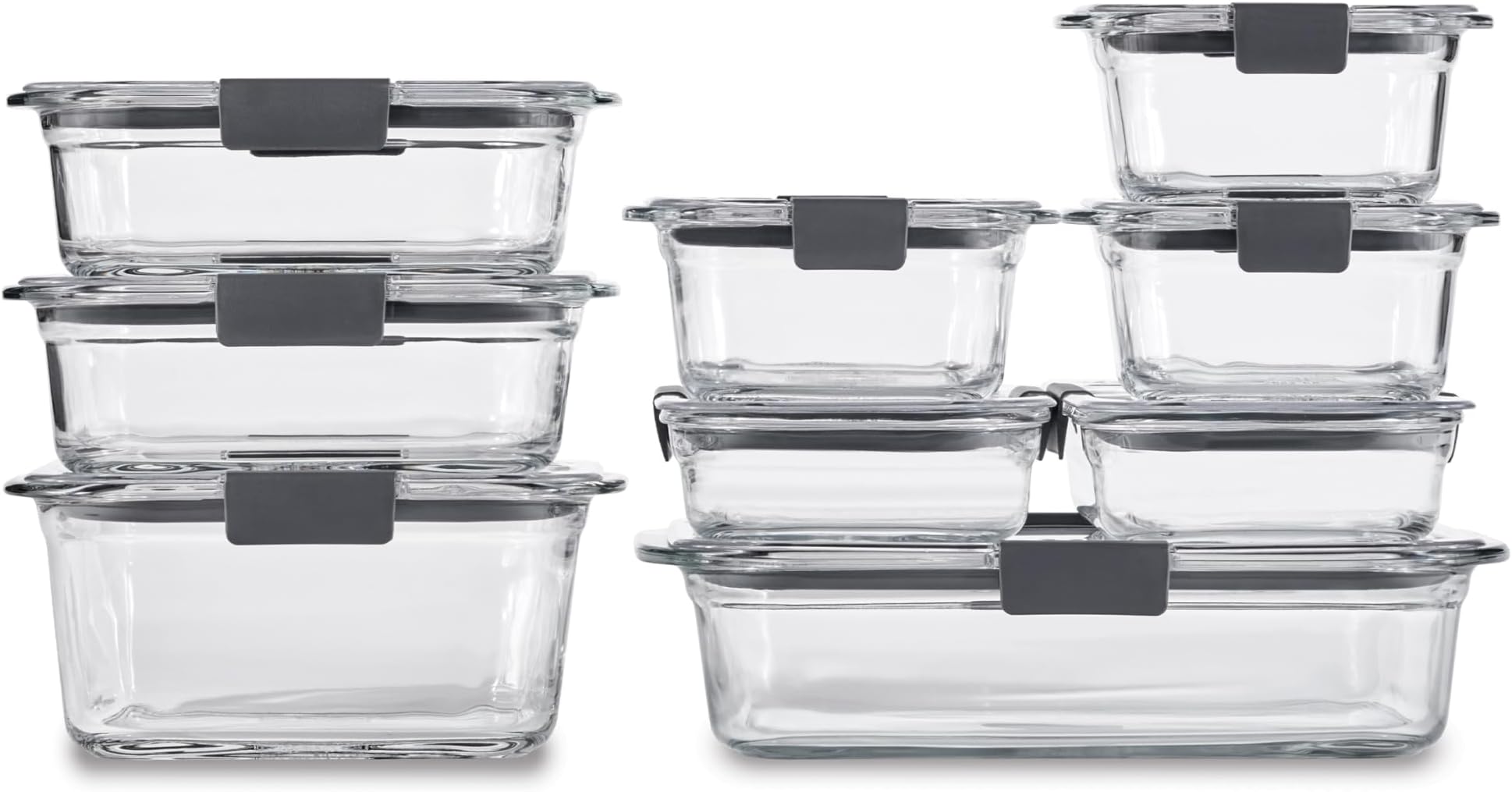 Rubbermaid Brilliance Glass Food Storage Container Set / model 2118308 / 18 pieces (9 containers + 9 lids) / Amazon ASIN B08BR9HBZ3