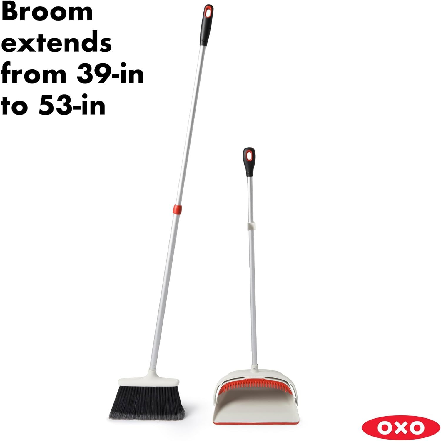 OXO Large Upright Sweep Set broom and standing dustpan shown separately with the comb teeth visible