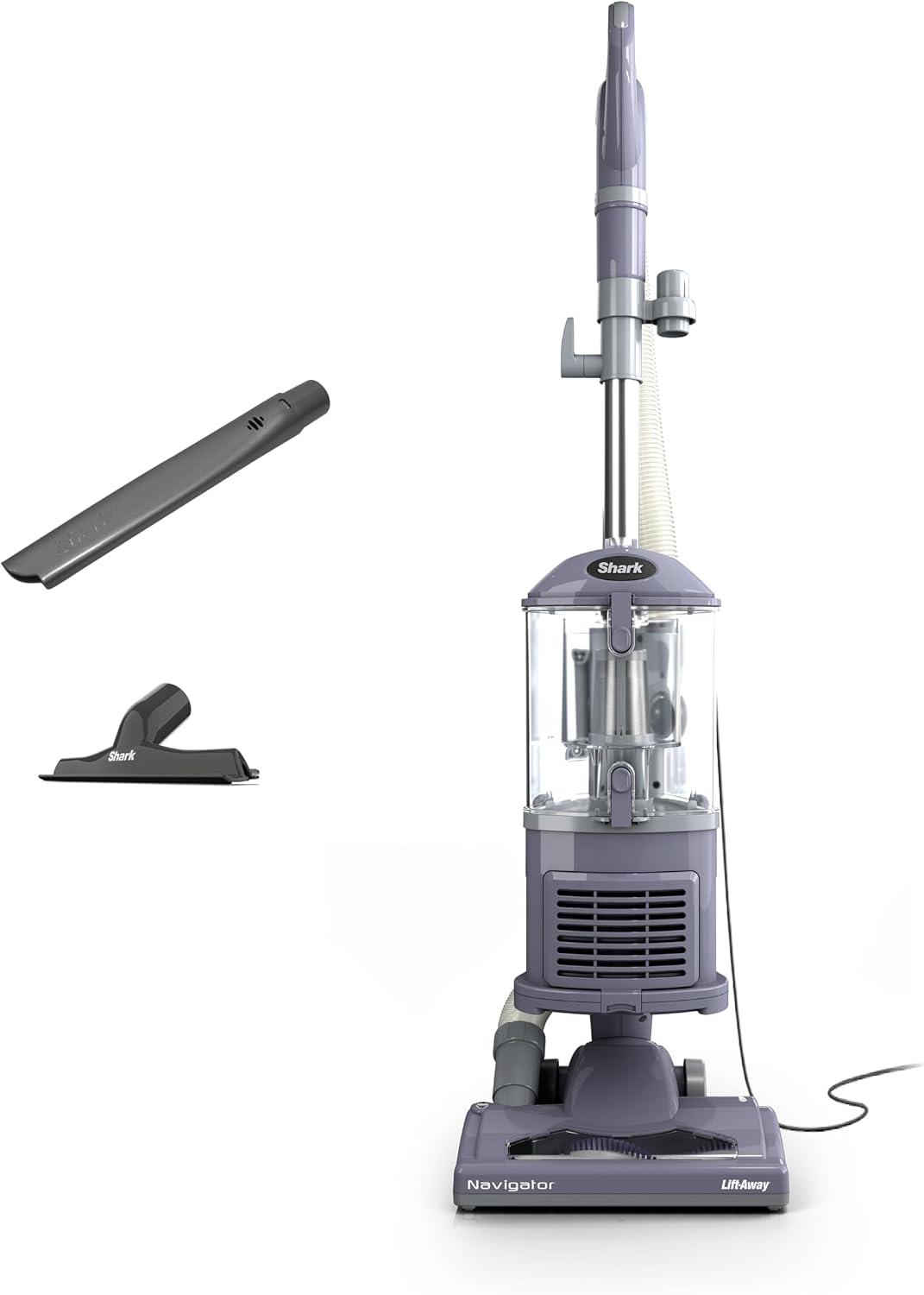Lavender Shark NV352 upright vacuum beside selected crevice and wide upholstery tools