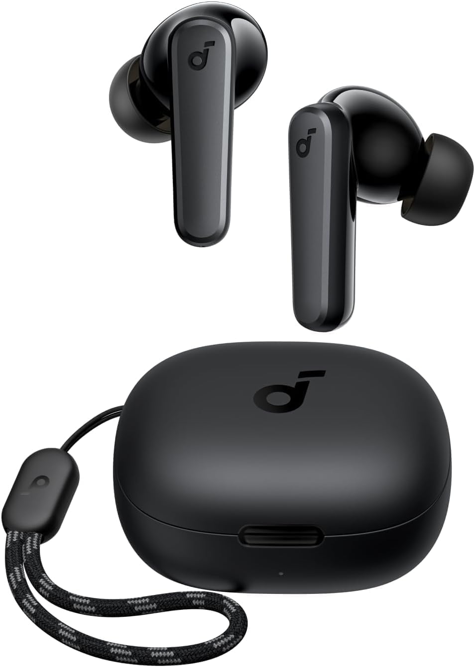 Black soundcore P20i earbuds above the closed charging case and attached lanyard