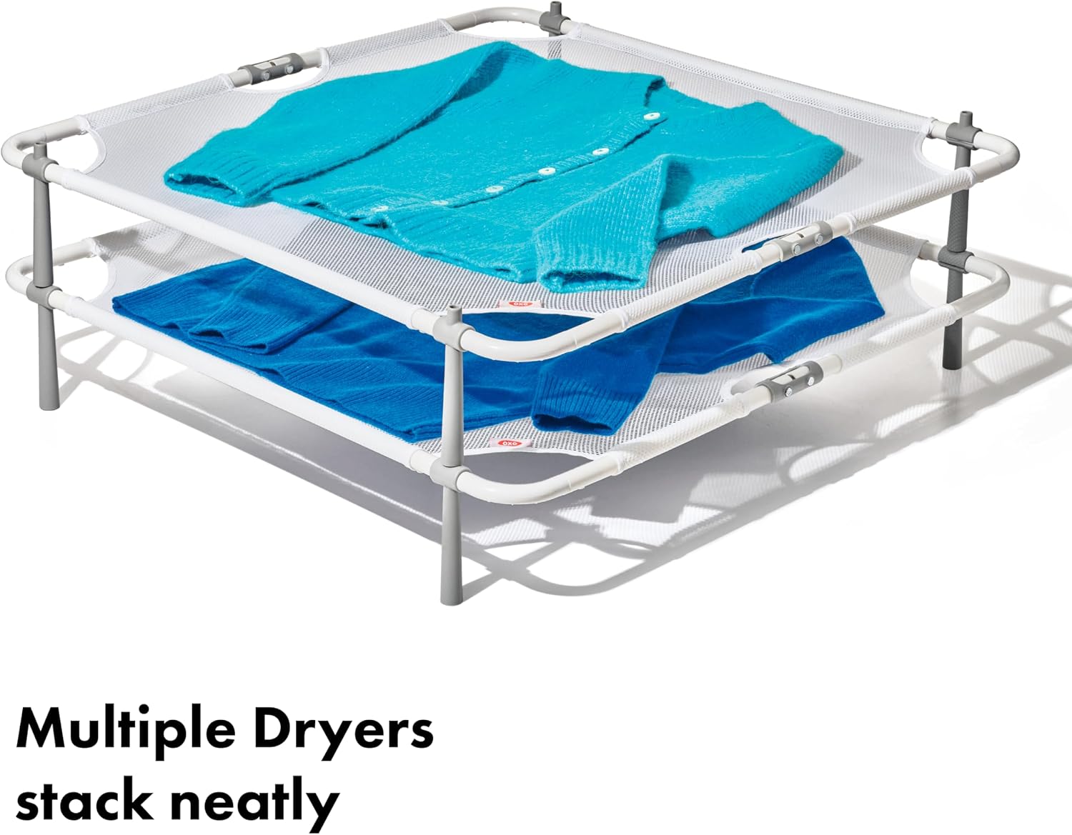 Two OXO 1327780 mesh racks stacked with cardigans on separate tiers and supplier stacking text below.