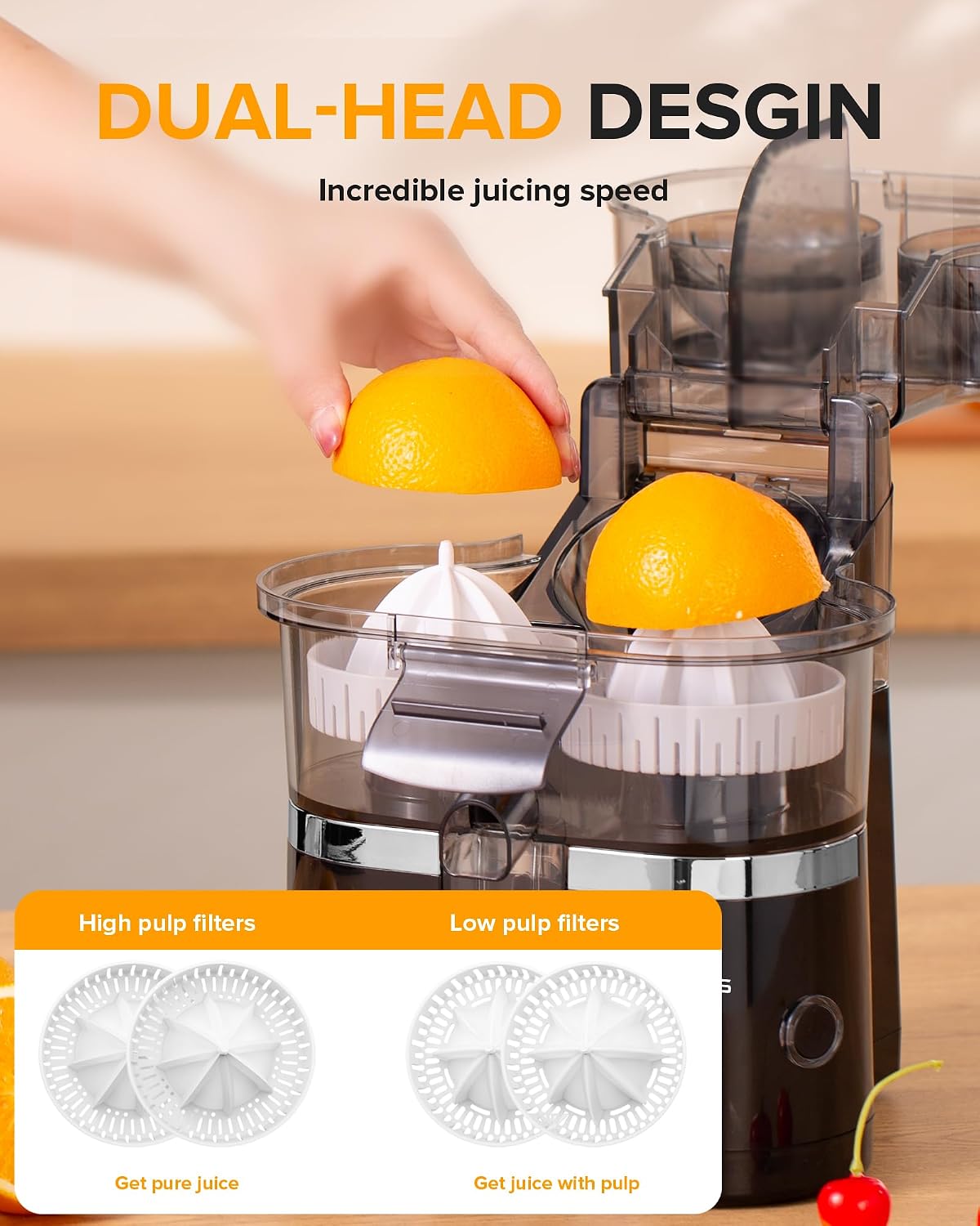 Amzpass FE003B dual-head juicer with orange halves and diagrams for two pulp-filter configurations