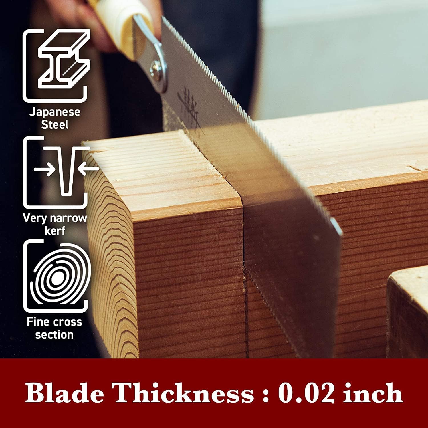 SUIZAN saw blade crossing a wooden board in a manufacturer use image, with original promotional labels and a blade-thickness banner.