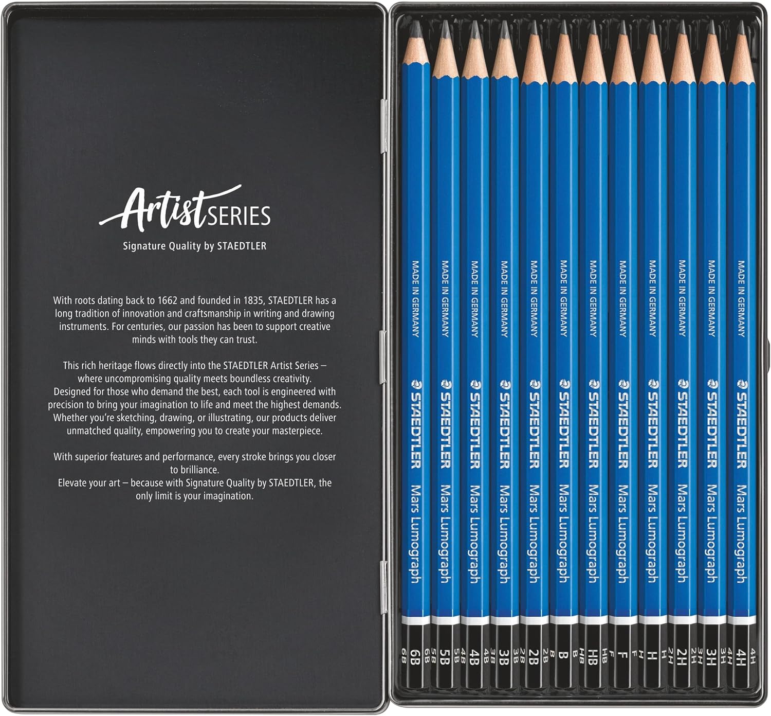 Open Mars Lumograph tin with twelve blue pencils and visible grade markings on the black ends