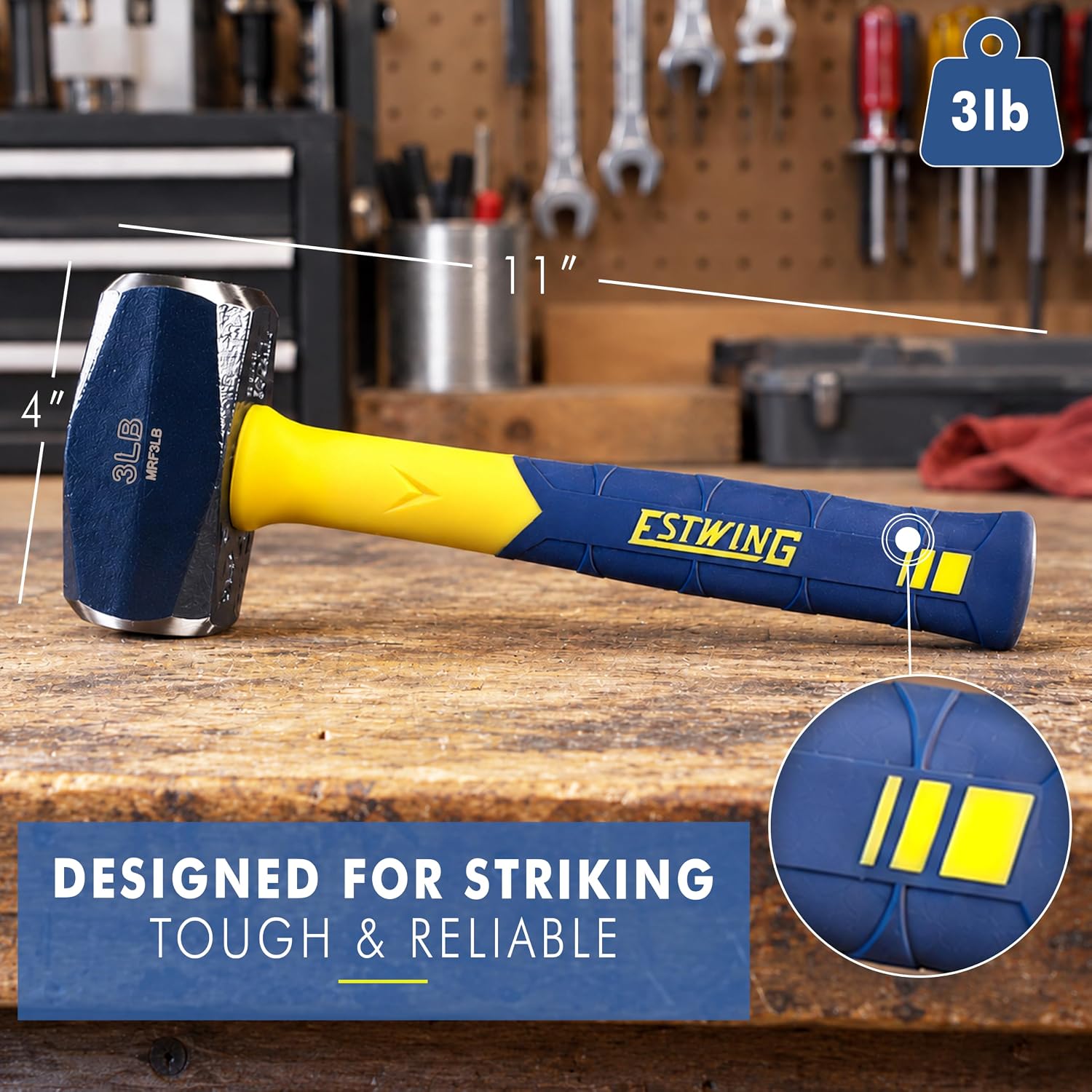 Estwing MRF3LB product-detail image showing the three-pound head and compact fiberglass handle.