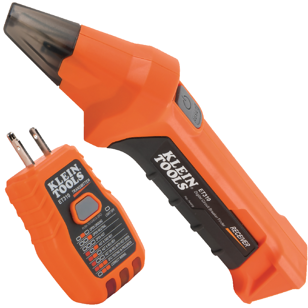 Orange and black Klein Tools ET310 transmitter and receiver pair on a white background