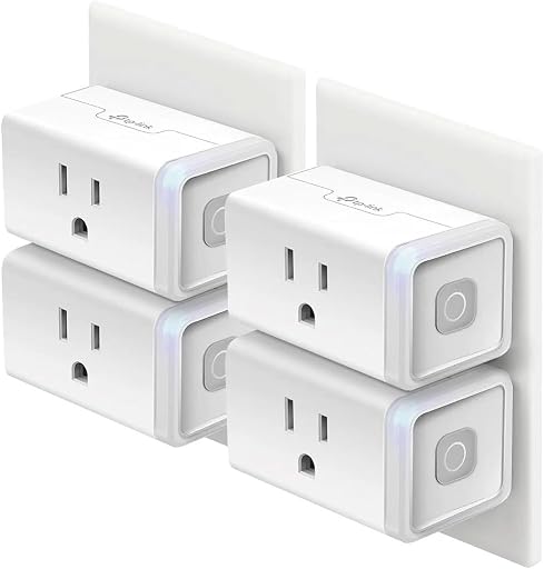 Four Kasa HS103 smart plugs arranged on wall outlets to show the compact stacked layout
