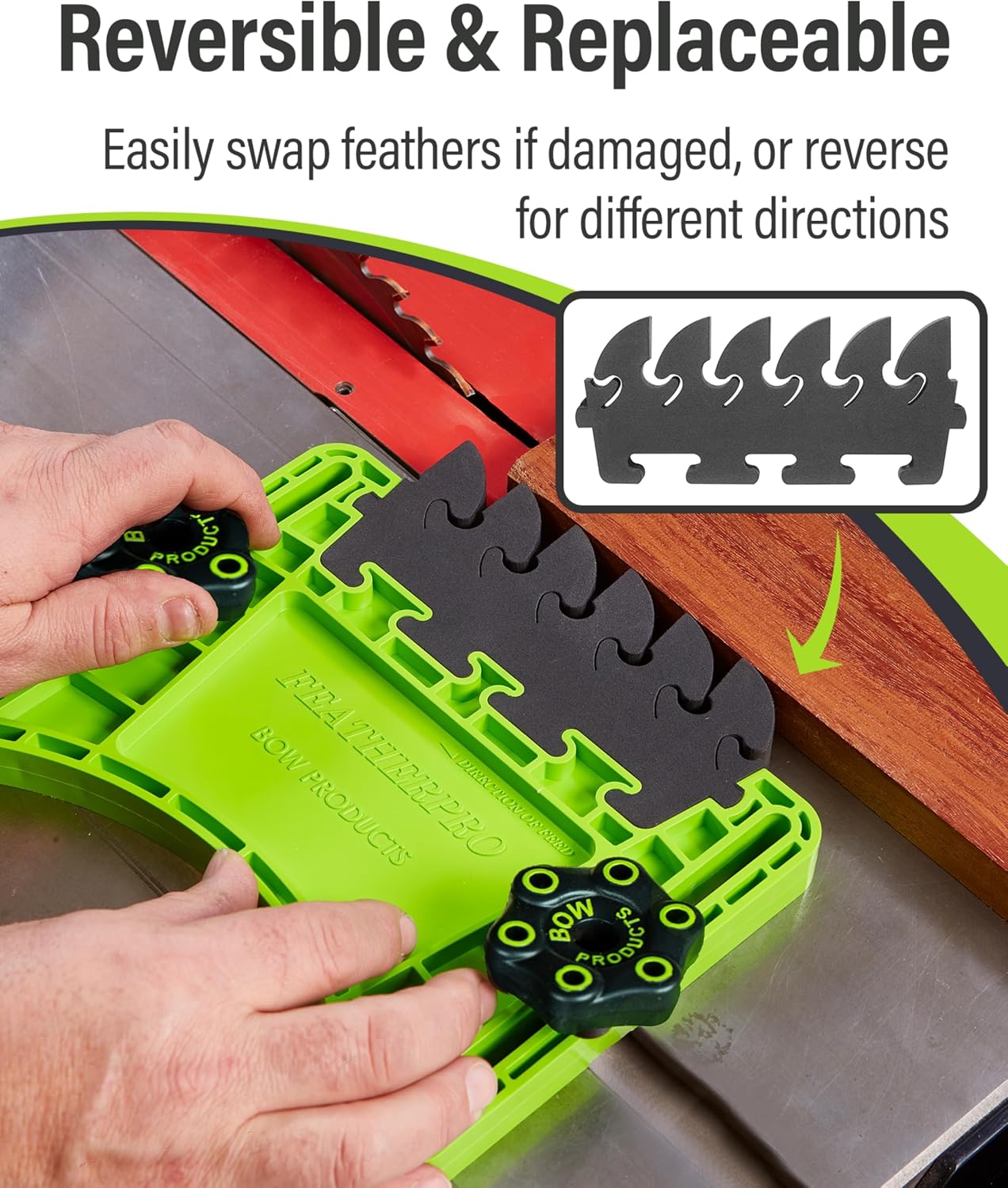 BOW FeatherPRO FP1 beside a board, with an inset showing the removable black EVA feather insert