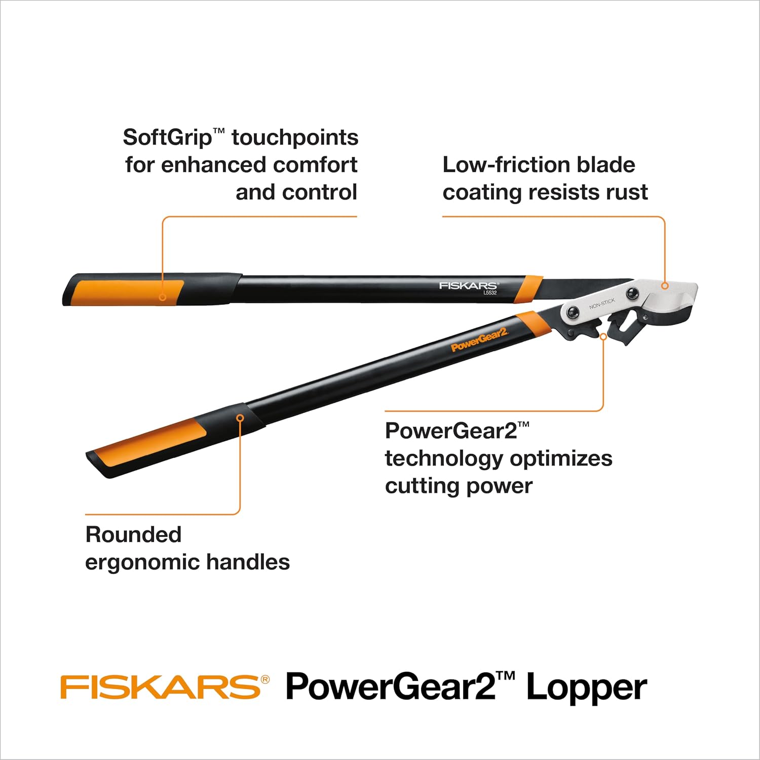 Fiskars PowerGear2 32-inch bypass lopper feature diagram showing the coated blade, geared pivot and SoftGrip handles
