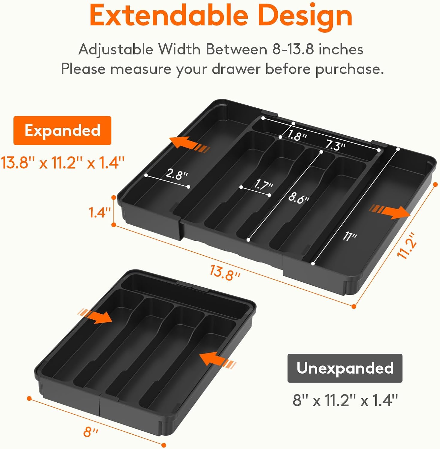 Supplier diagram of the black Lifewit tray expanded to 13.8 inches and closed to 8 inches wide, with 11.2-inch depth and 1.4-inch height marked.
