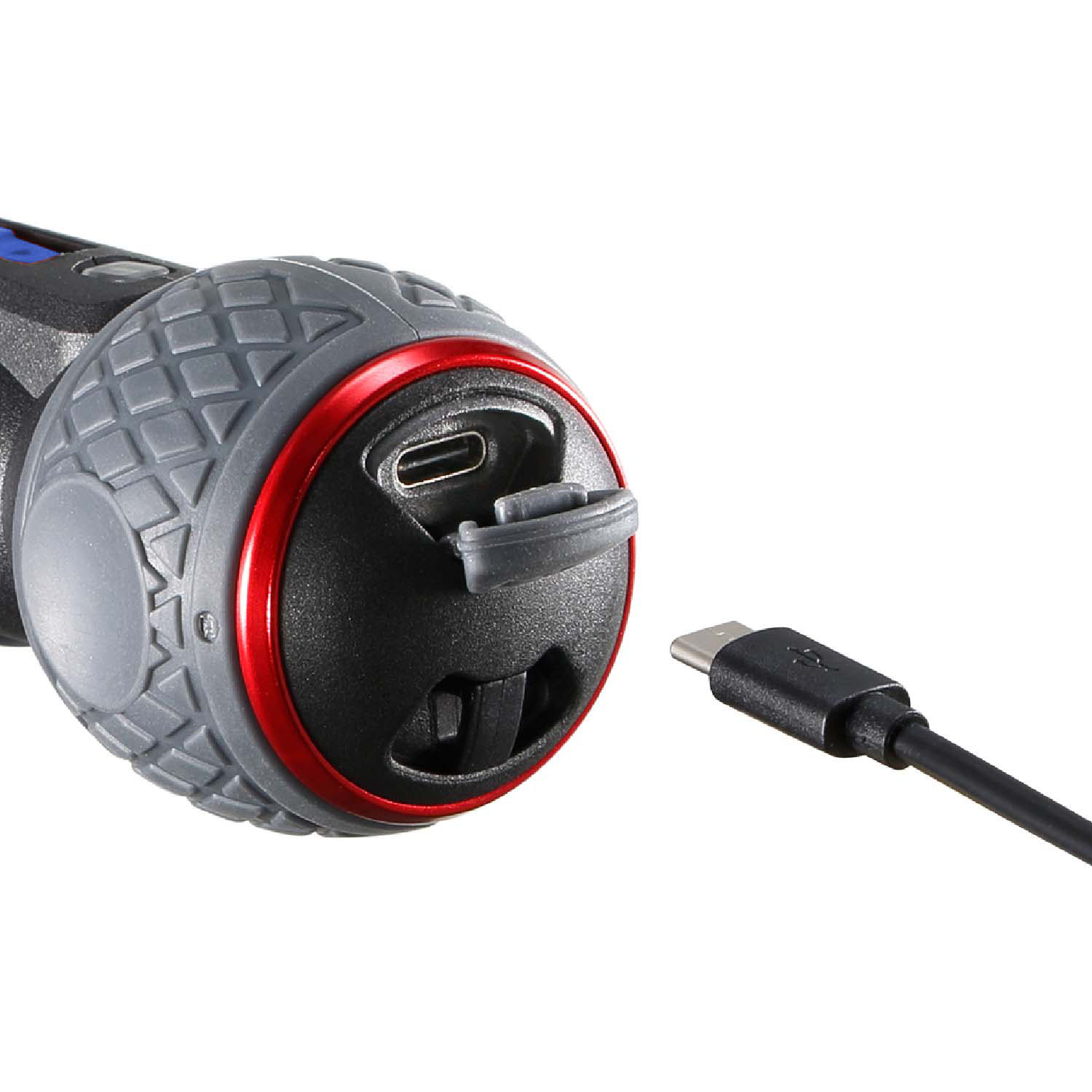 Close view of the VESSEL PLUS ball grip with its USB-C port cover open