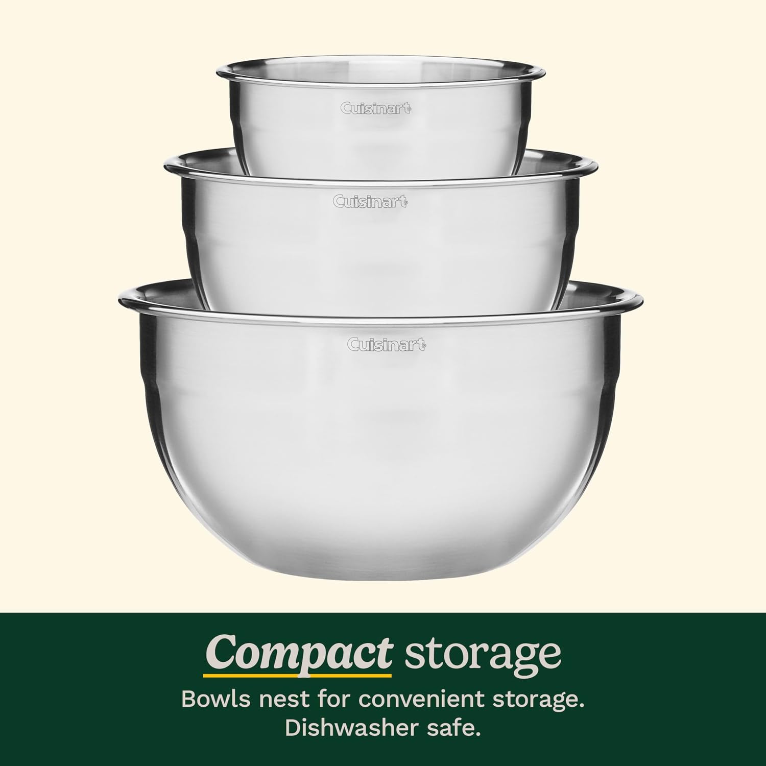 Three empty Cuisinart stainless steel mixing bowls nested in size order, with each rim visible above the next.
