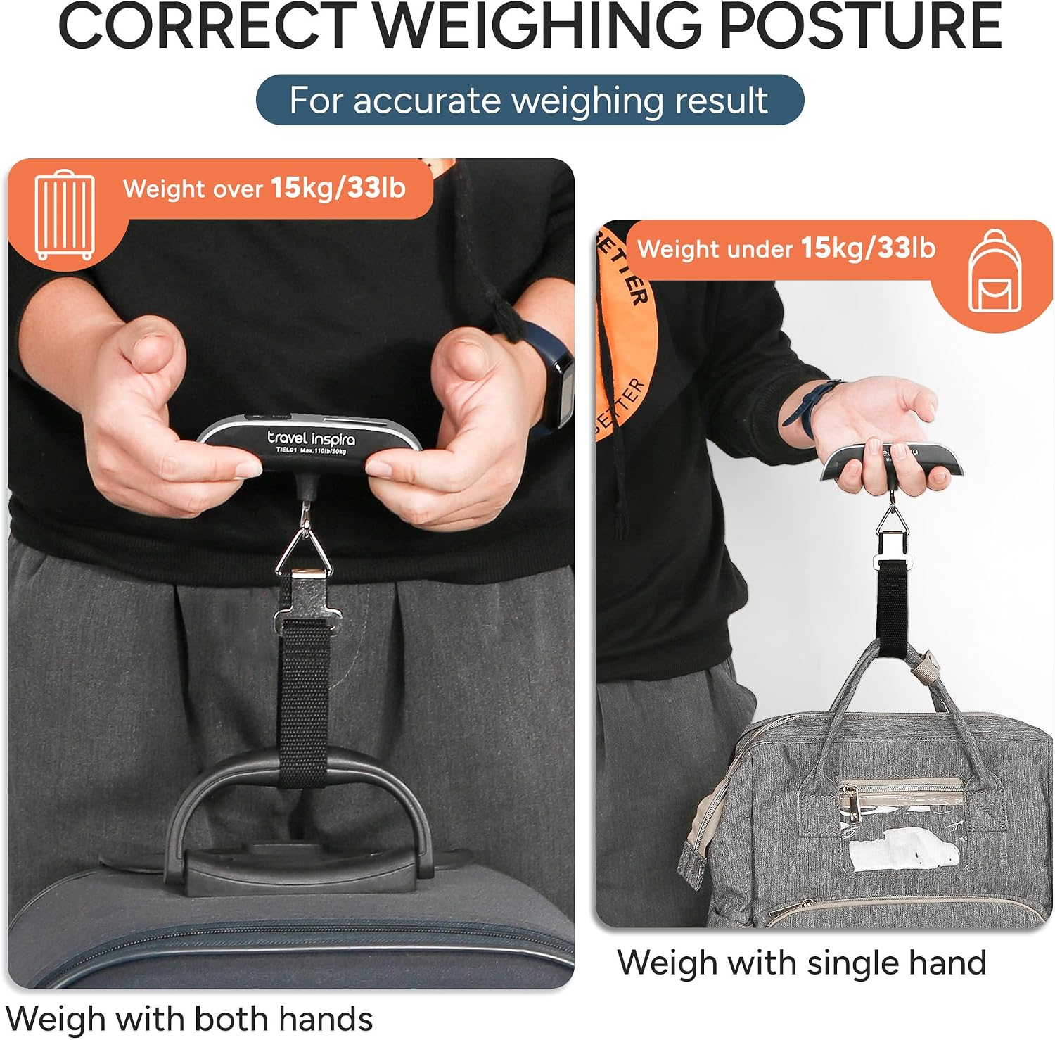 Manufacturer gallery comparison showing hand positions when lifting a bag with the silver travel inspira scale