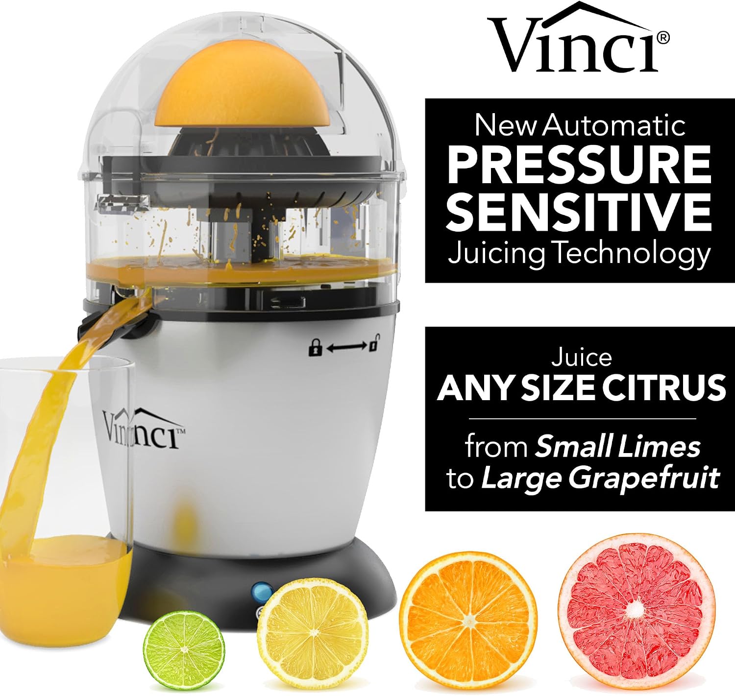 A Vinci E19010 promotional photograph shows closed-lid pressing and juice flowing through its spout.