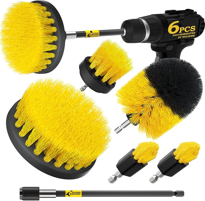 Holikme 6-Piece Drill Brush Set, Yellow, five brush heads and one extension rod