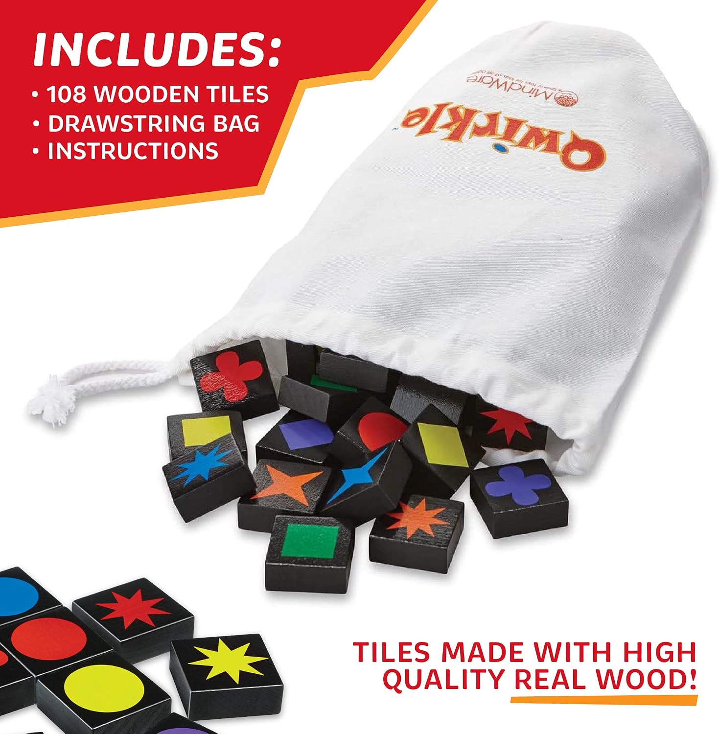 Qwirkle wooden tiles spilling from the included branded drawstring bag