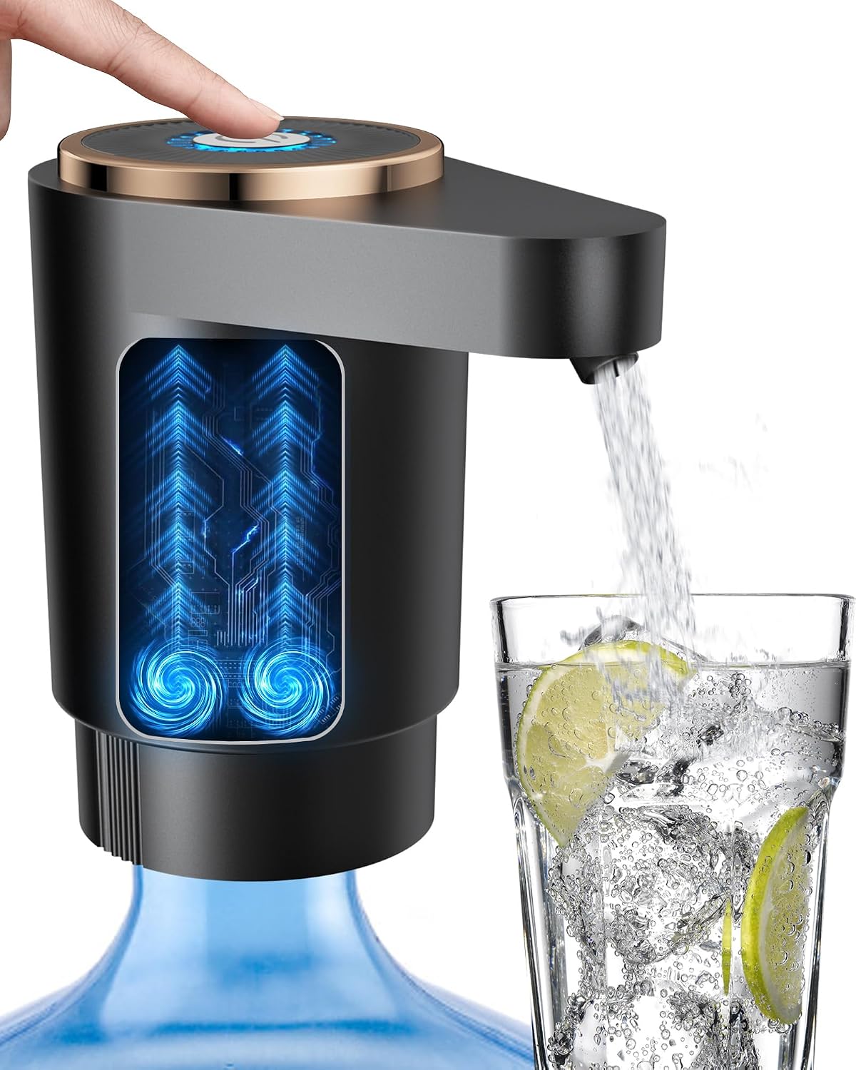 Black Cozycharm Z02 water-jug pump dispensing from a bottle into a glass with its top button pressed