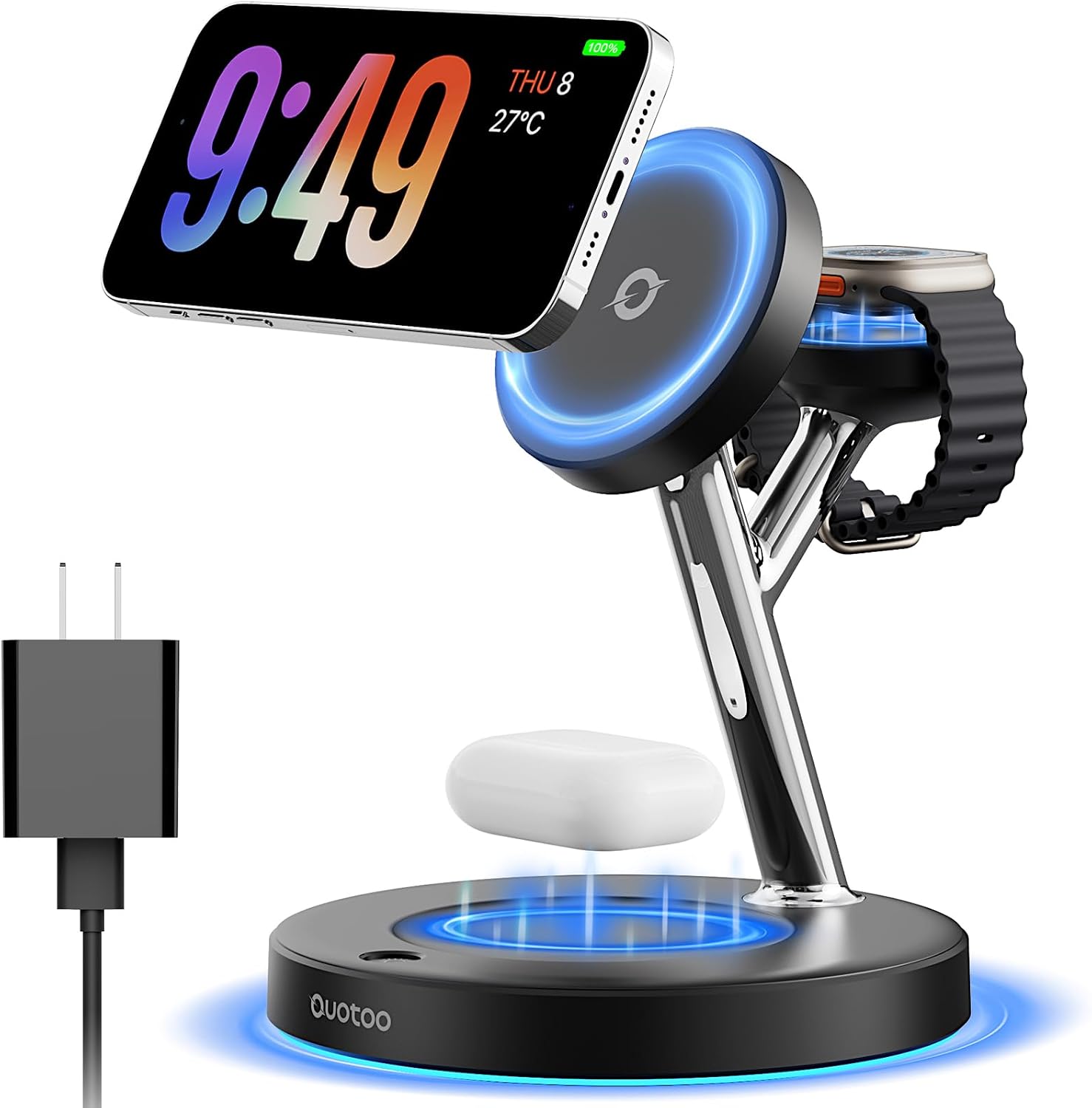 Black Ouotoo Y888 three-in-one charging stand holding an iPhone, Apple Watch and AirPods case with blue base light