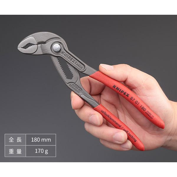 KNIPEX Cobra 87 01 180 pliers held in one hand with the push-button joint visible