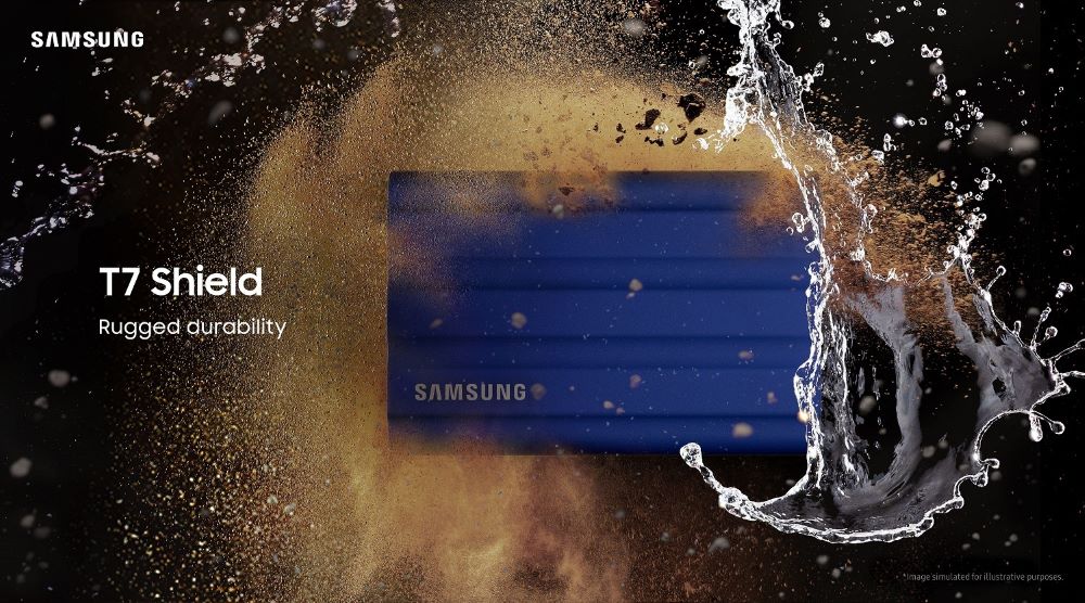 Samsung illustration of the blue T7 Shield with simulated dust and water