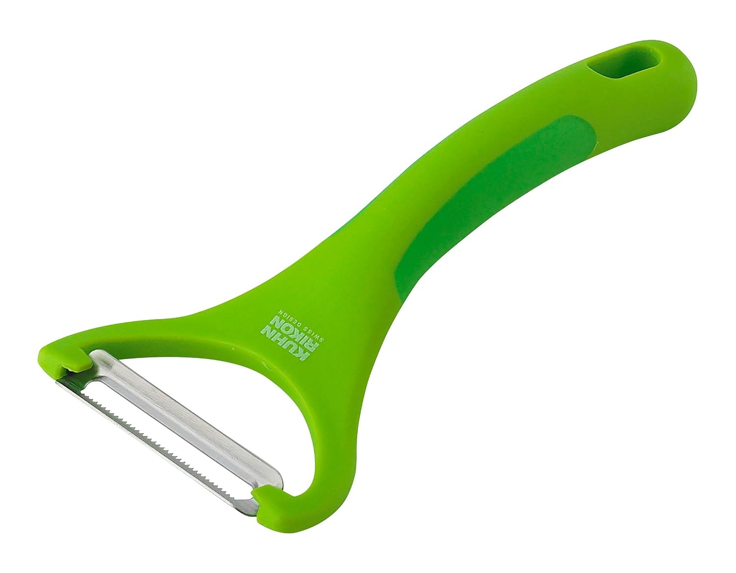 Close view of the serrated blade on the green Kuhn Rikon Piranha Y Peeler 26931