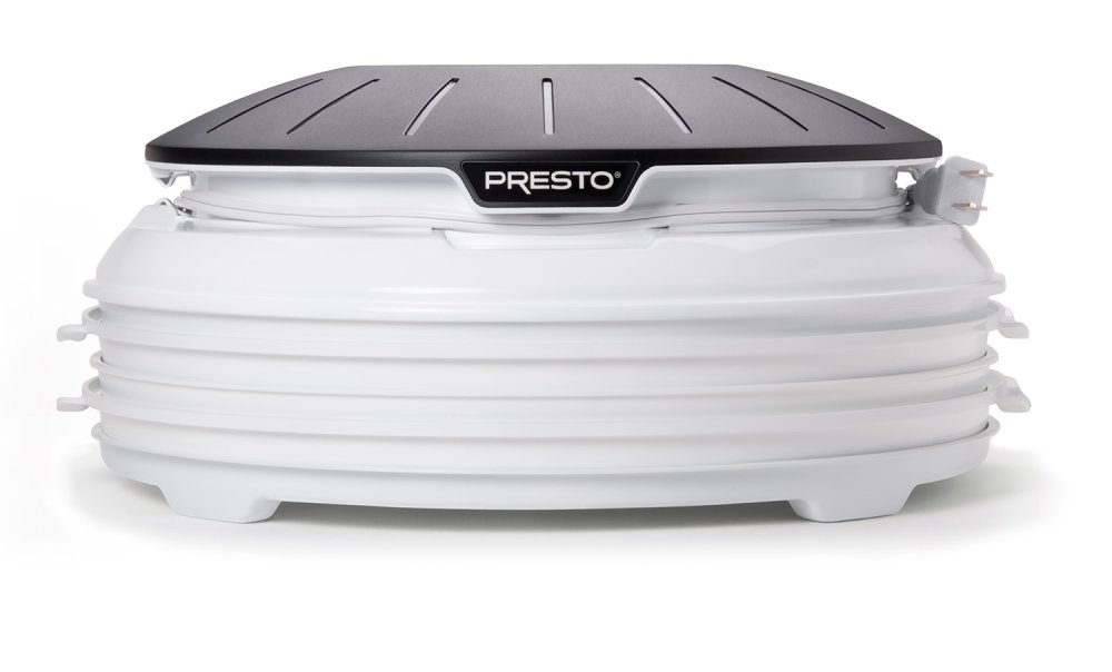 Presto 06300 Dehydro food dehydrator with its trays nested for compact storage