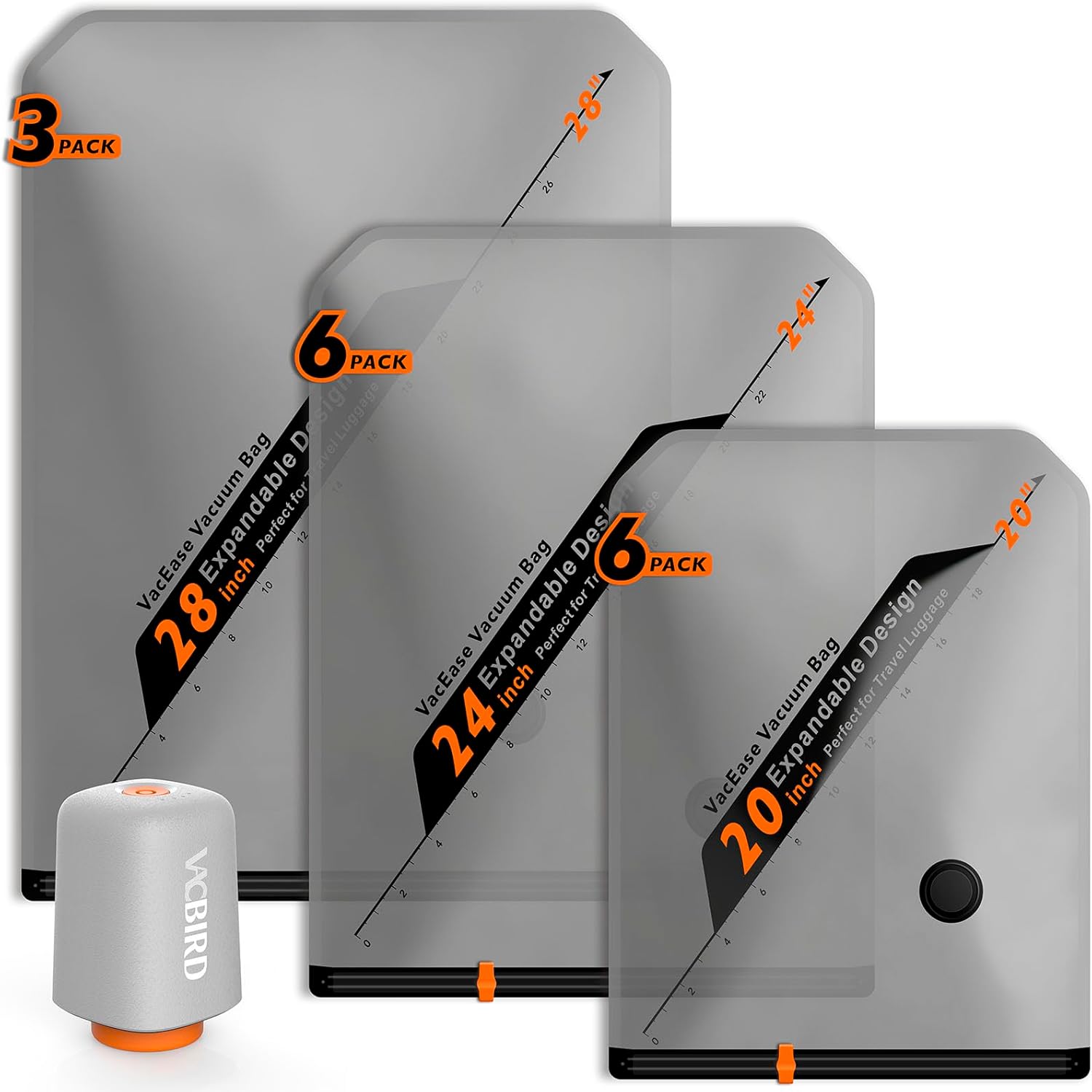Vacbird grey-and-orange pump with six small, six medium and three large bags