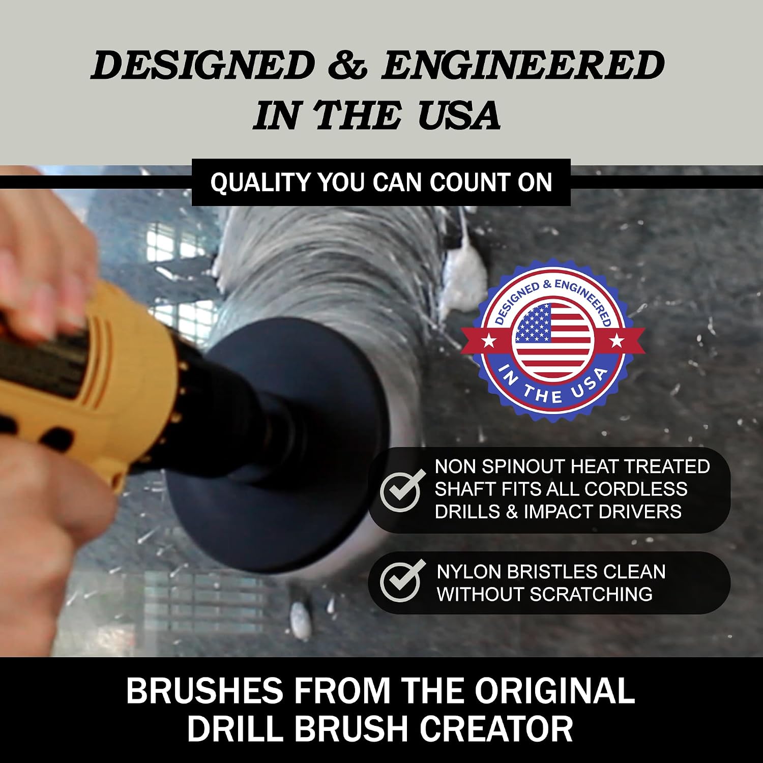 Soft white Drillbrush flat attachment mounted in a cordless drill and cleaning a wheel rim