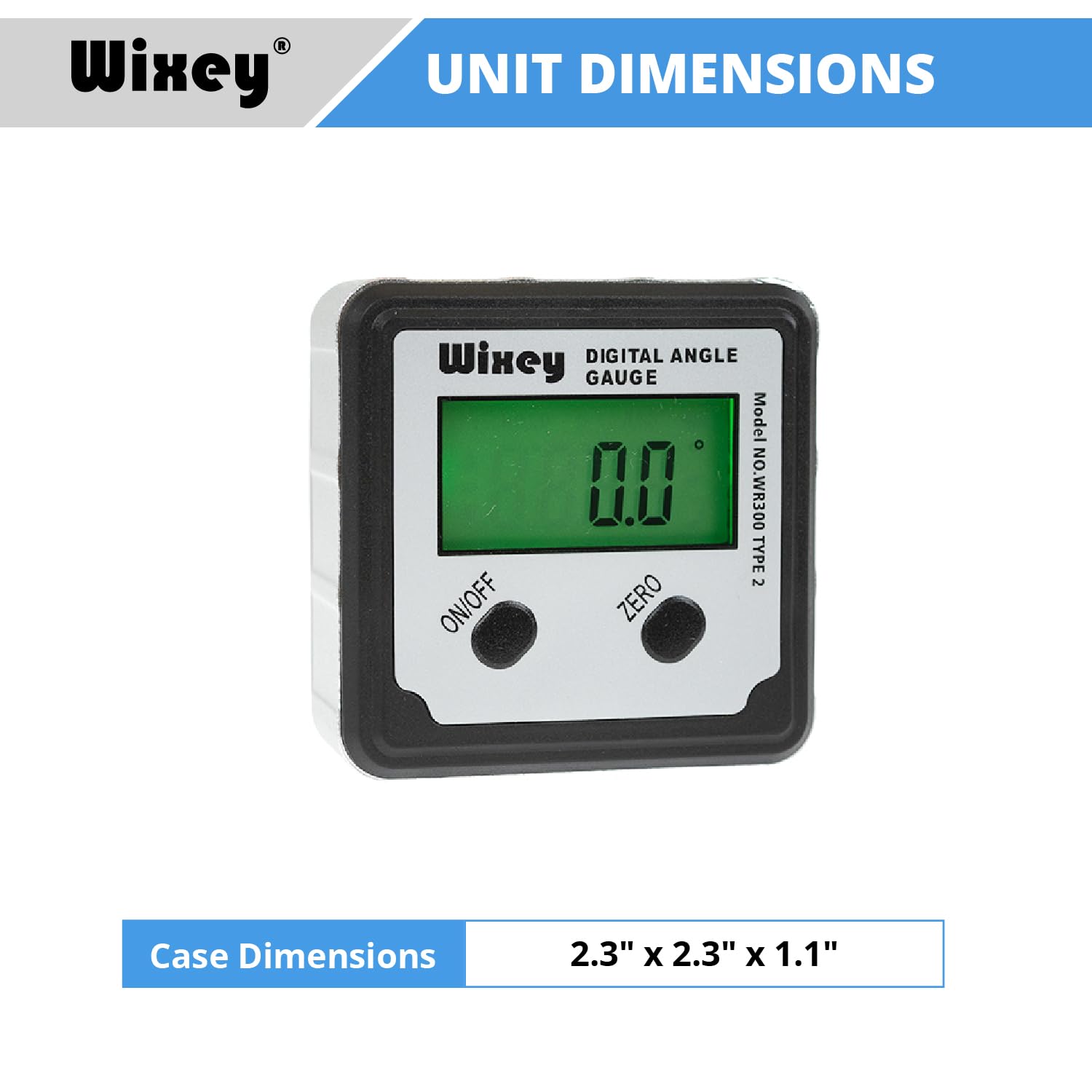 Angled Wixey WR300 Type 2 photograph with supplier 2.3 by 2.3 by 1.1 inch dimension label