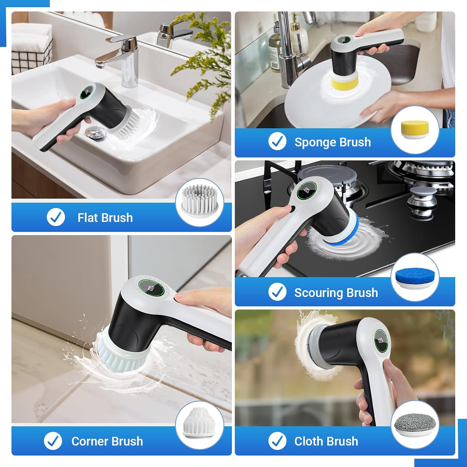 PUFTEM PFCB01 with flat, corner, sponge, scouring, and cloth attachments in a simulated-use montage.