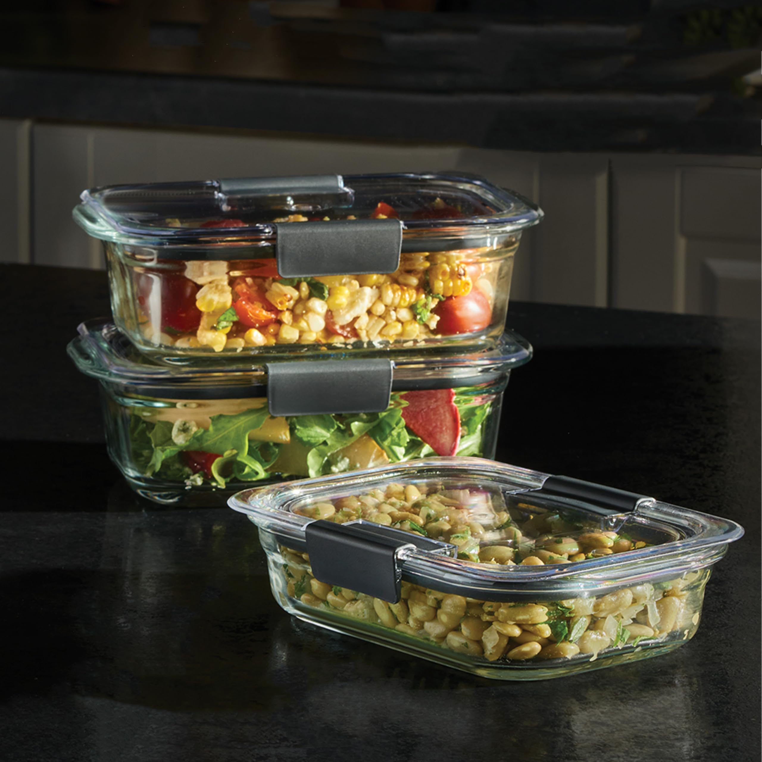 Rubbermaid Brilliance glass containers stacked with clear locking lids