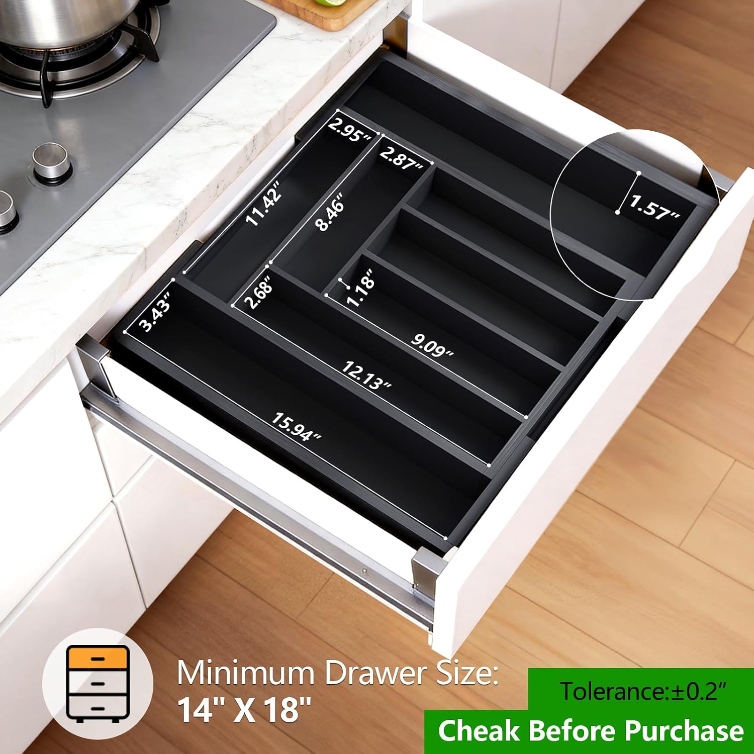 Supplier illustration of the black Pipishell inside a drawer, with compartment measurements and a minimum drawer size of 14 by 18 inches.