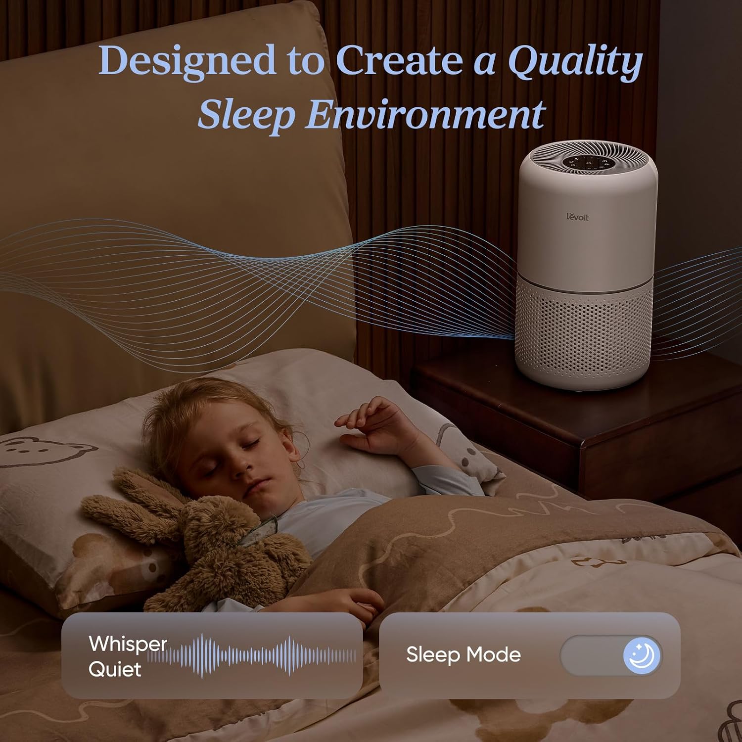 White Levoit Core 300-P air purifier running on a bedside table in a dark bedroom.