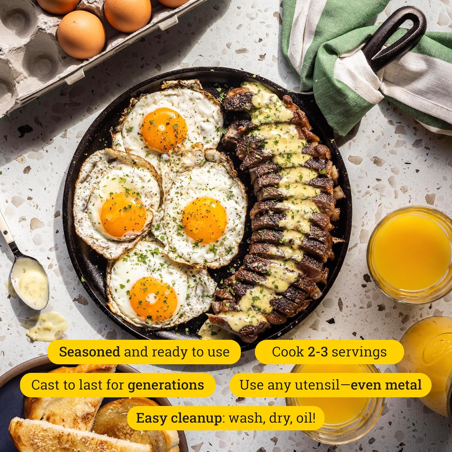 Lodge griddle holding a plated-style breakfast of eggs and meat.