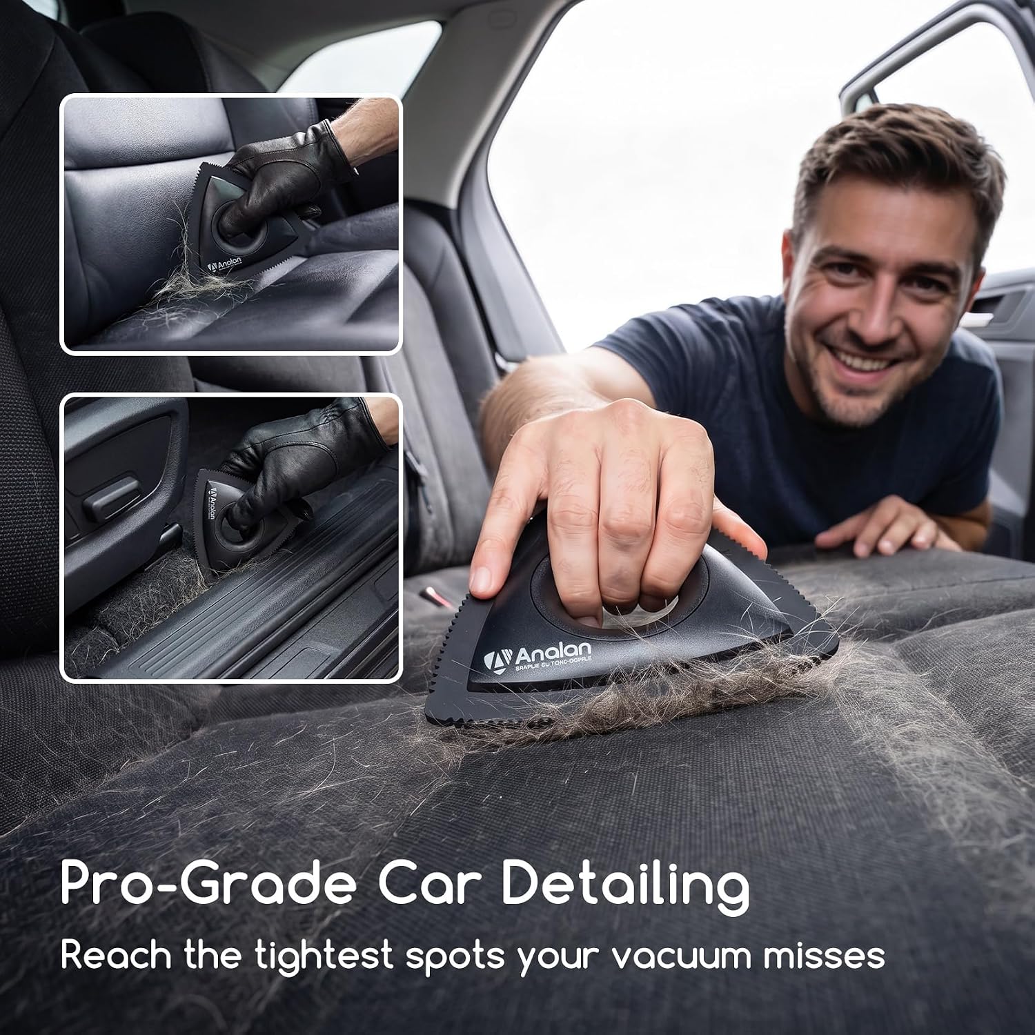Manufacturer gallery showing the black triangular ANALAN tool used on vehicle upholstery