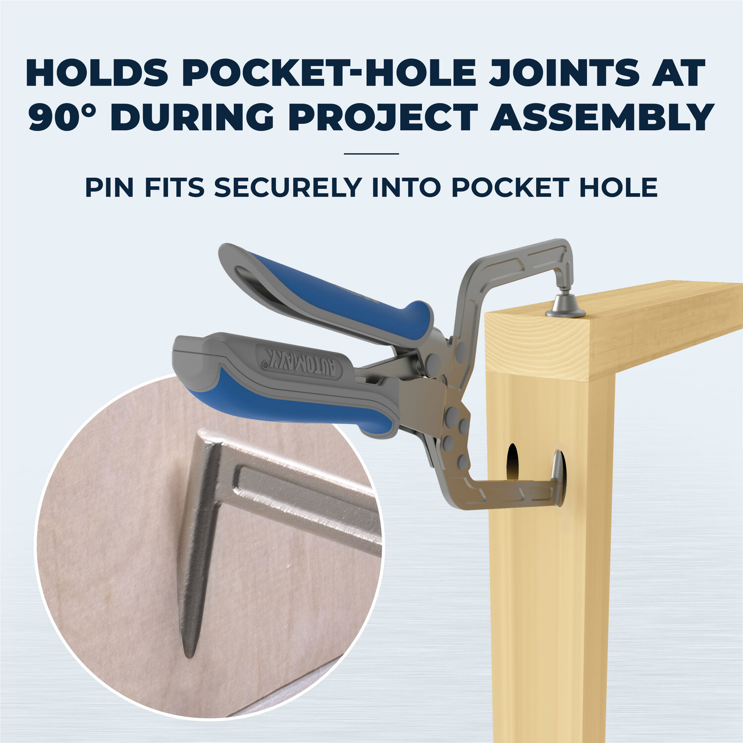 Kreg KHC-RA holds a wood joint at 90 degrees with its steel pin inserted in a prepared pocket hole
