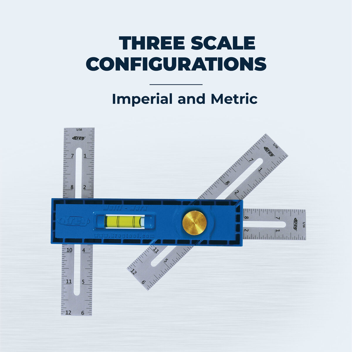Kreg KMA2900 Multi-Mark shown with its rule in three fixed configurations