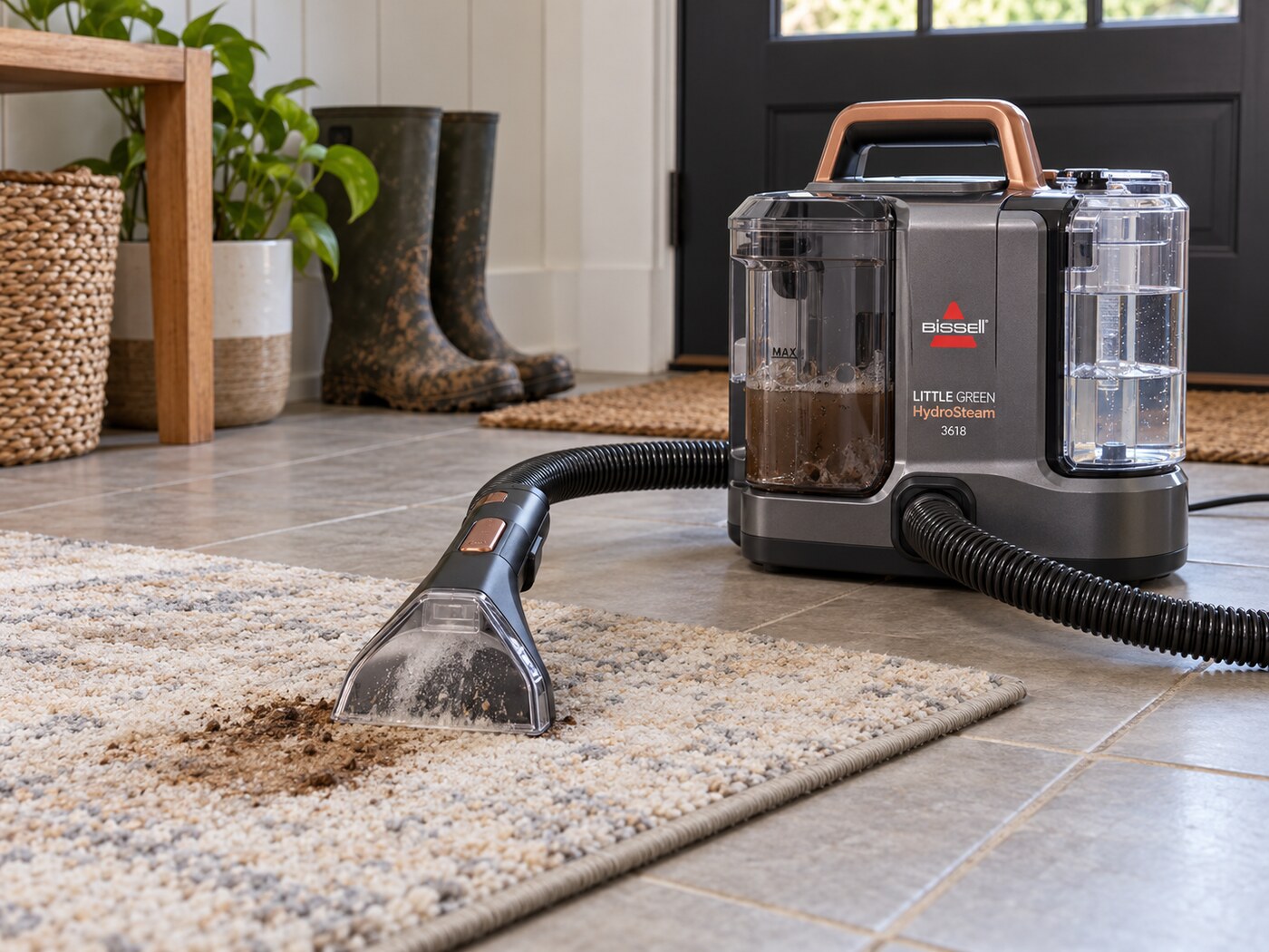 BISSELL Little Green HydroSteam 3618 positioned over a localized muddy spot at the edge of a low-pile rug.
