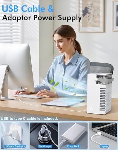 Gray SOLEEY F001 beside a desktop computer with its USB-C power cable and supported power-source examples