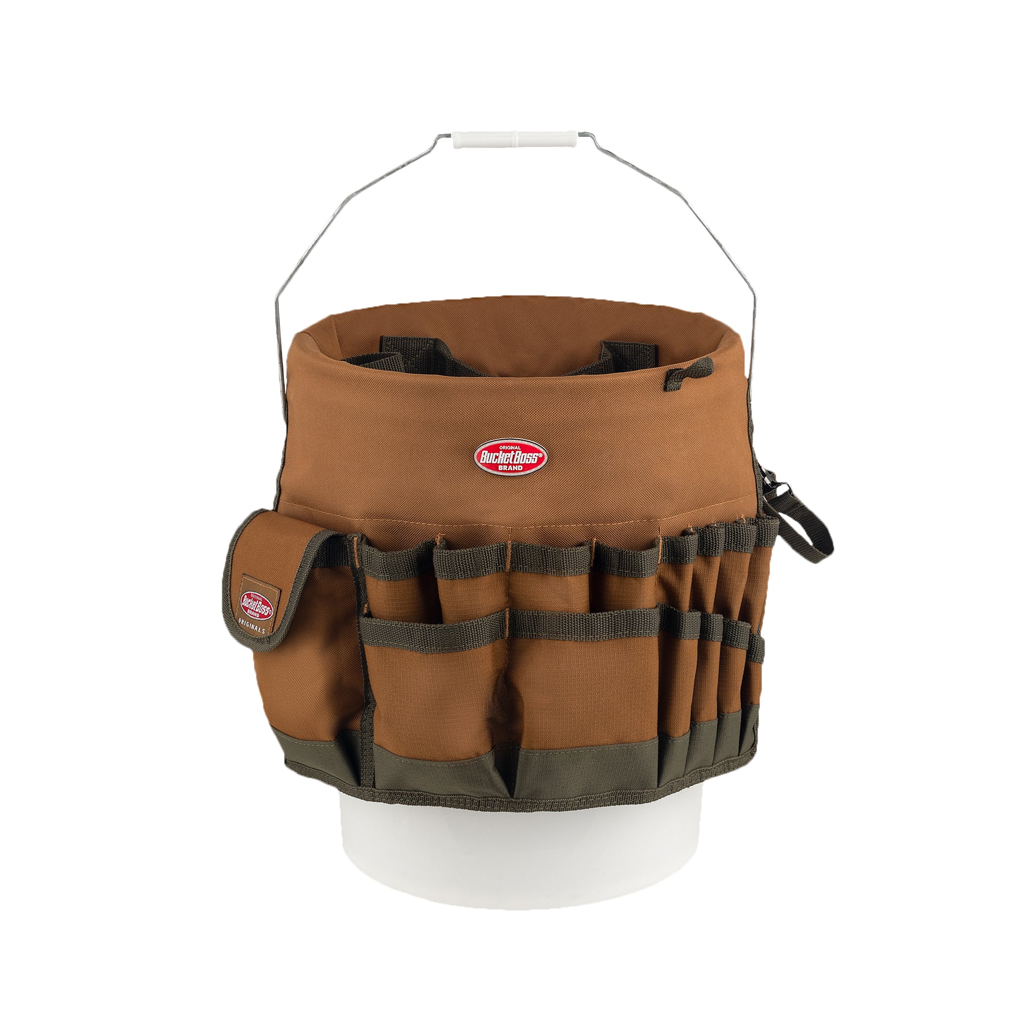 Empty brown Bucket Boss Bucketeer10030 showing outer pockets and part of the interior arrangement on a white bucket