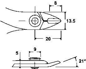 Hakko CHP-170 钳口尺寸图，标出 21° 刀刃倾角和毫米尺寸